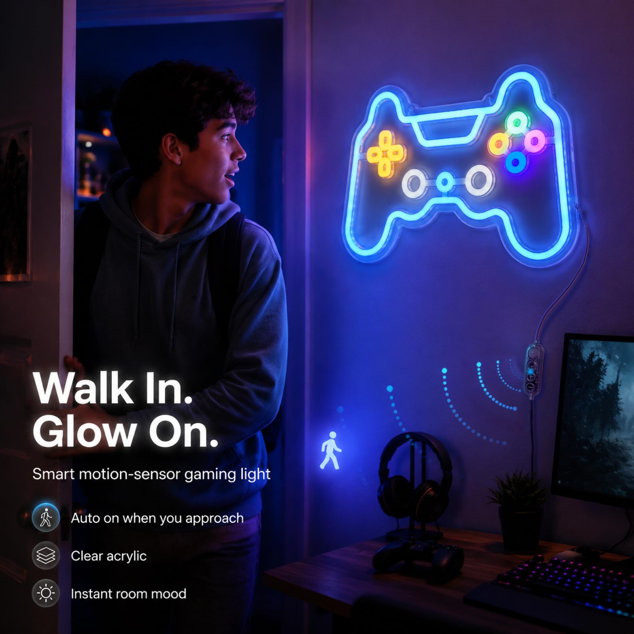Motion Sensor Gamer Neon Sign Neon Light for Boys Room, Game Controller LED Sign for Gaming Room Decor,Neon Signs USB-Powered With Auto-on/off Switch,Gamer Gifts for Teens,Boys,Kids - Flex Gamingproduct_type