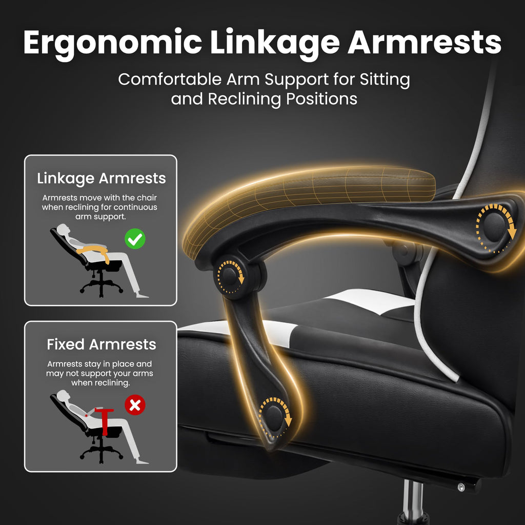 Gaming Chair Gamer Game Ergonomic with Footstool Lumbar Support Deep Black | Headrest, Height and Backrest Adjustable, Deep Black Leather, 210 KG Heavy Duty Load Capacity 52cm Wingless Cushion - Flex Gamingproduct_type