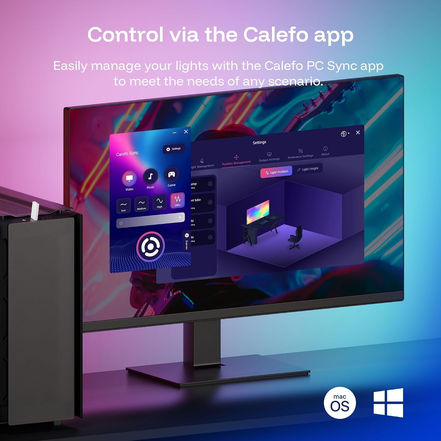 Calefo RGBCW PC Gaming Ambient Lighting Kit for 24-27 Inch, USB Sync Dongle, Bar Light & Monitor Backlight, Color Sync for Games, Movies, Music,Plug and Play,Windows 10/11 & Mac Compatible. - Flex Gamingproduct_type