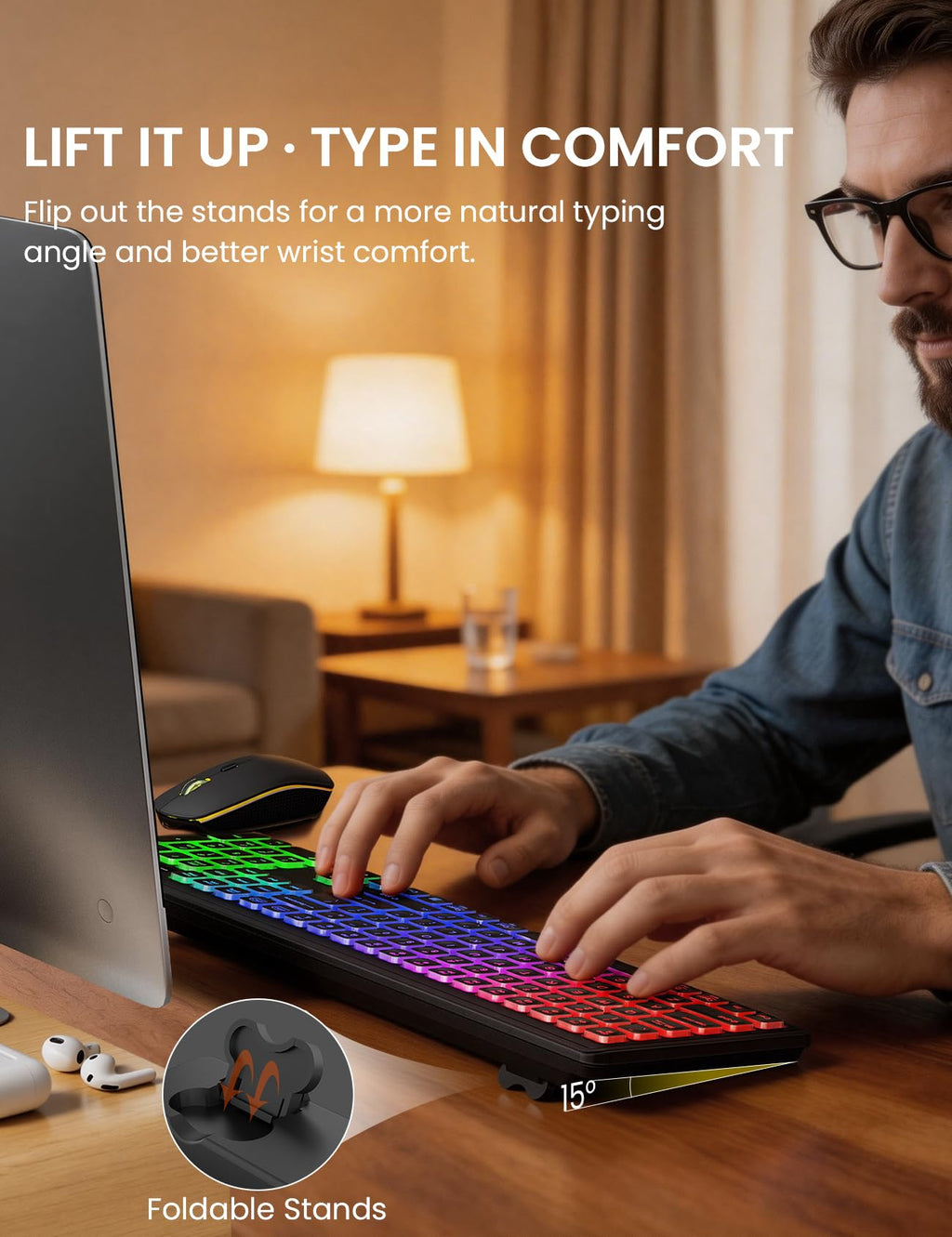 Wireless Keyboard and Mouse Combo, RGB Backlit, Rechargeable & Light Up Letters, Full-Size, Soft Typing, Sleep Mode, 2.4GHz Quiet Keyboard Set for Mac, Windows, Laptop, PC, Trueque KM42Pro (Black) - Flex Gamingproduct_type