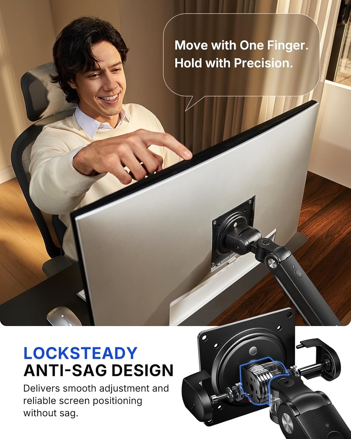 HUANUO FlowLift™ Pro Monitor Arm for 13–32" Screens, MechaSpring Monitor Mount, Fully-Adjustable Monitor Stand with Tilt/Swivel/Rotation, Tool-Free VESA Mount, C-Clamp/Grommet Base, Max Load 19.8 lbs - Flex Gamingproduct_type