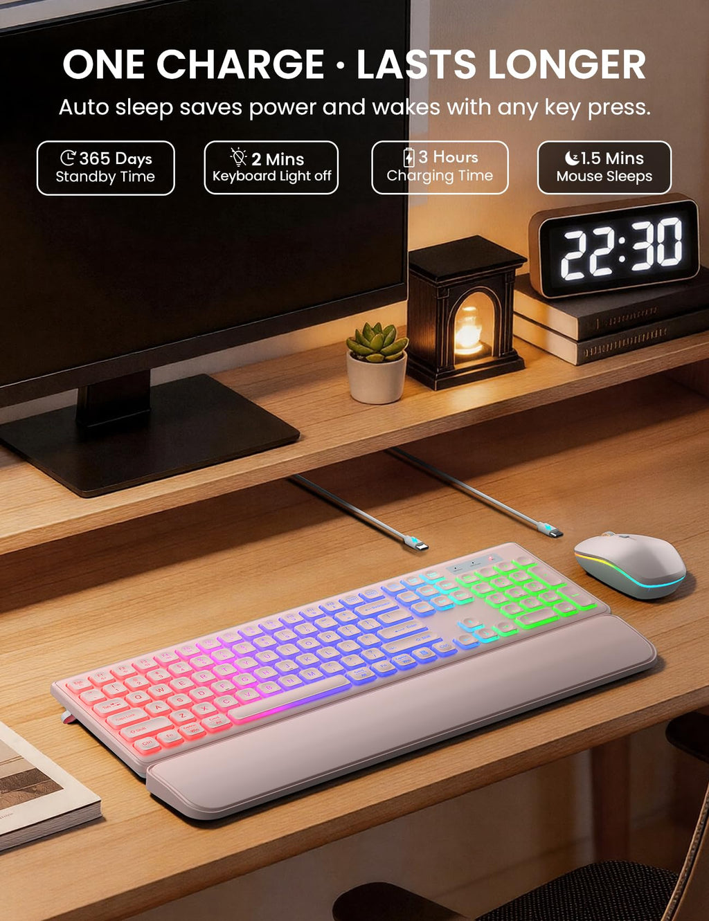 Wireless Keyboard and Mouse Combo, RGB Backlit, Rechargeable & Light Up Letters, Full-Size, Soft Typing, Sleep Mode, 2.4GHz Quiet Keyboard Set for Mac, Windows, Laptop, PC, Trueque KM42Pro (Black) - Flex Gamingproduct_type