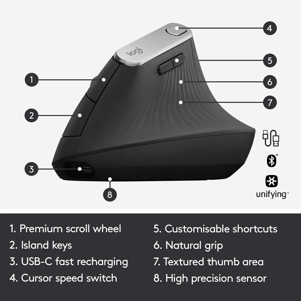 Logitech MX Vertical Wireless Mouse – Ergonomic Design Reduces Muscle Strain, Move Content Between 3 Windows and Apple Computers, Rechargeable, Graphite - Flex Gamingproduct_type