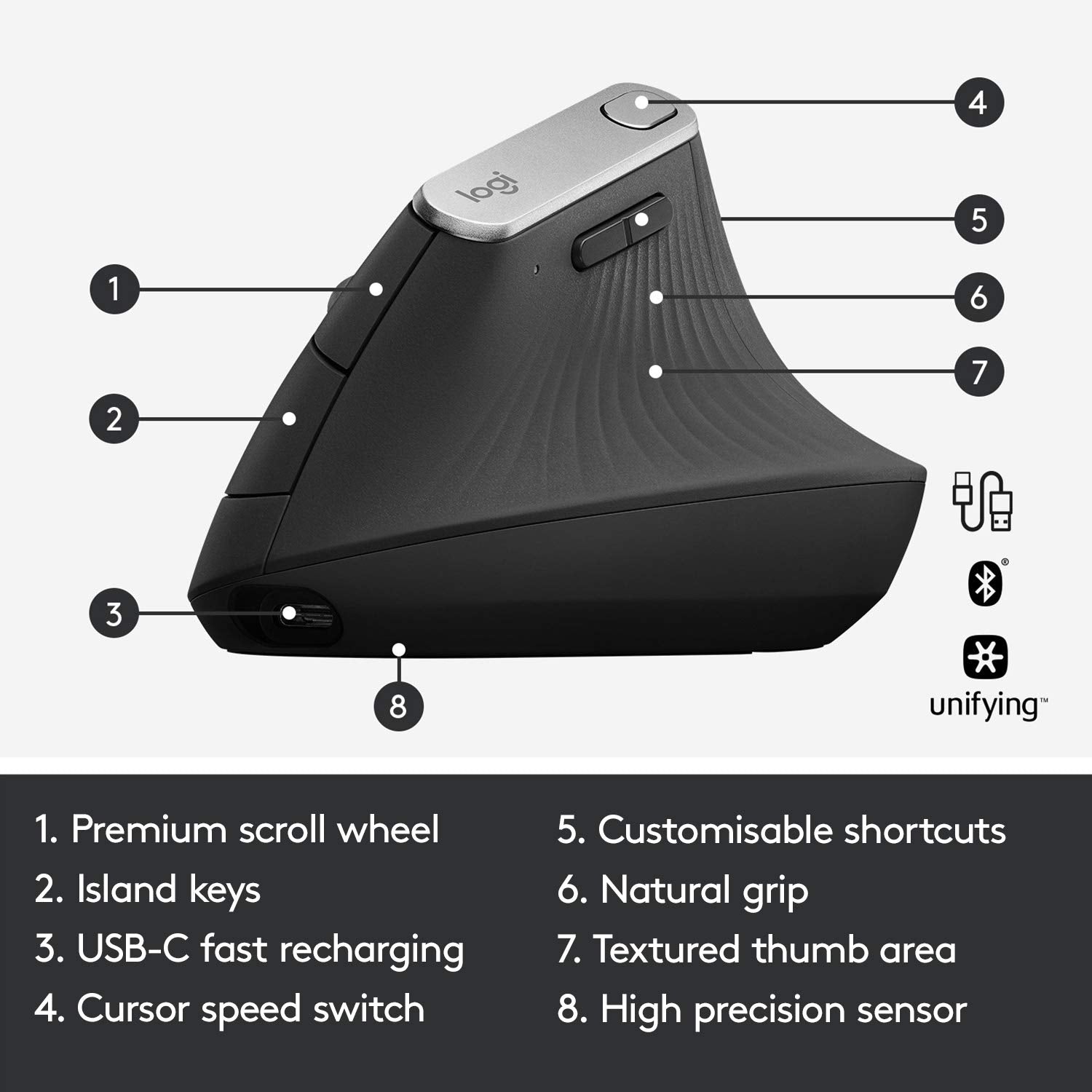 Logitech MX Vertical Wireless Mouse – Ergonomic Design Reduces Muscle Strain, Move Content Between 3 Windows and Apple Computers, Rechargeable, Graphite - Flex Gamingproduct_type