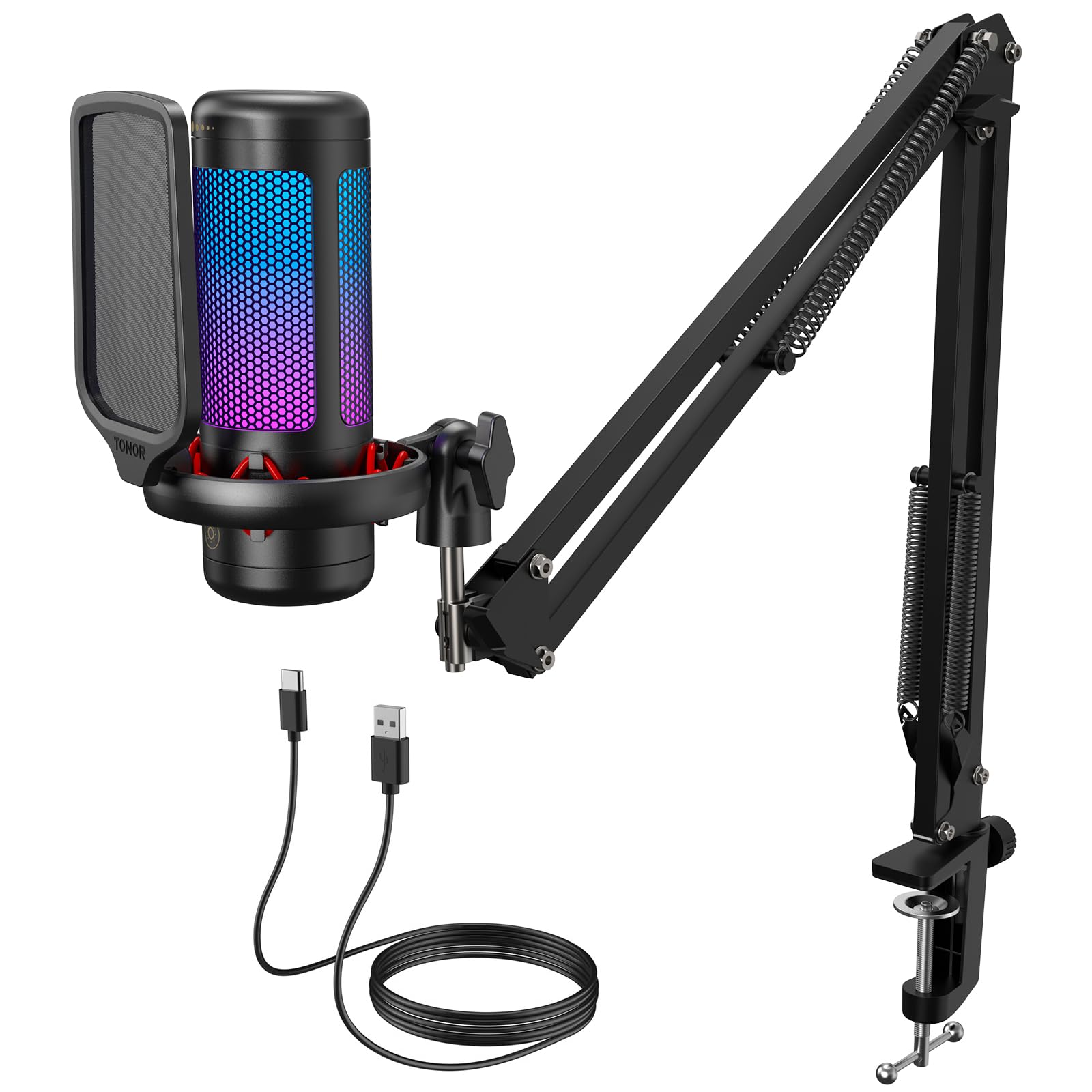 TONOR Gaming Microphone Set with Boom Arm, Vocal Condenser Microphone for PC with Stand, USB Mic with controllable RGB Light, One Tap Mute, Volume Control, for Discord, Twitch Streaming, TC310+ - Flex Gamingproduct_type