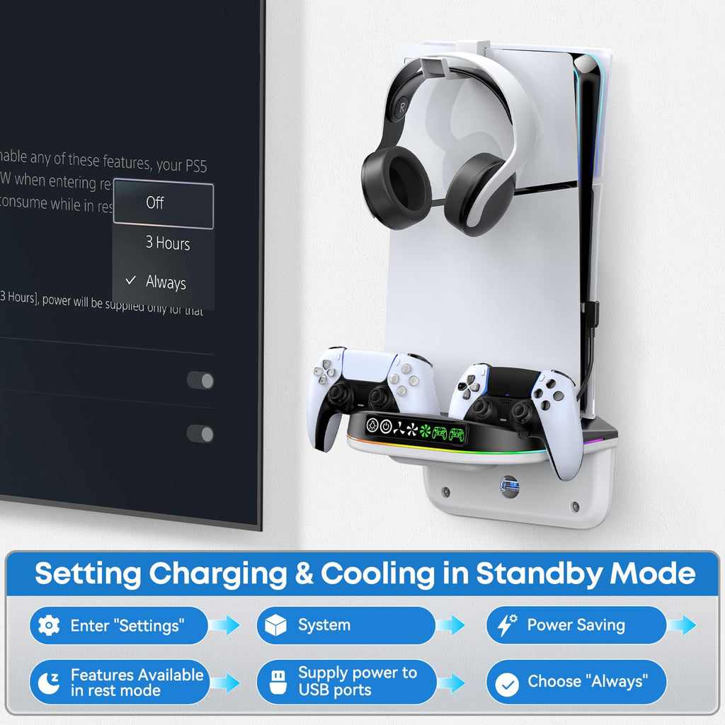 Tokluck PS5 Wall Mount Kit with Cooling Fan & Charging Station – 2 Sizes & 3 Colours