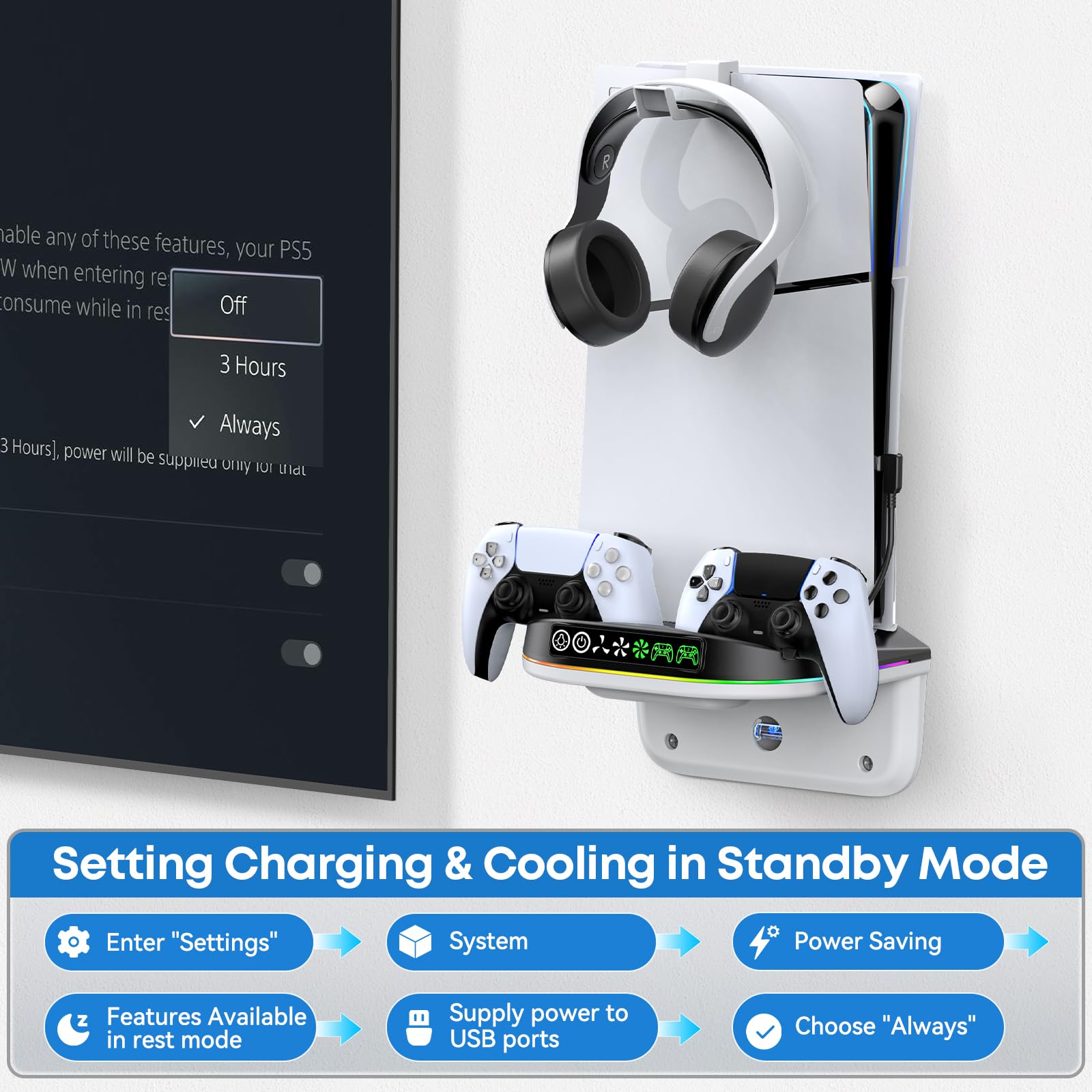 Tokluck PS5 Wall Mount Kit with Cooling Fan & Charging Station – 2 Sizes & 3 Colours