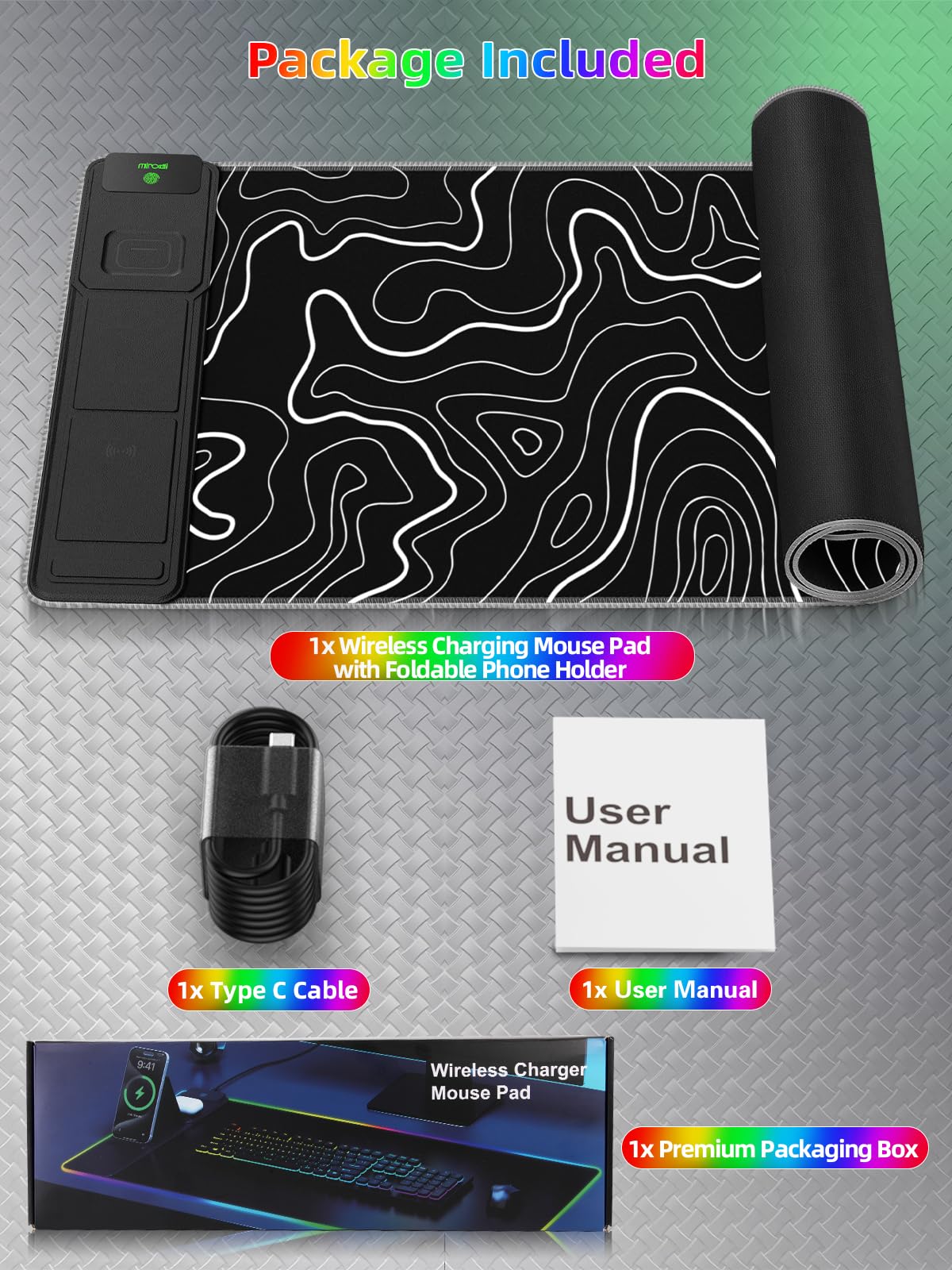 XXL Mouse Pad with Phone Holder - Black, RGB Desk Mat with 15W Fast Charging, LED Gaming Mousepad with 11 Light Colors, Waterproof Non-Slip Pad for Office & Home (Wave) - Flex Gamingproduct_type