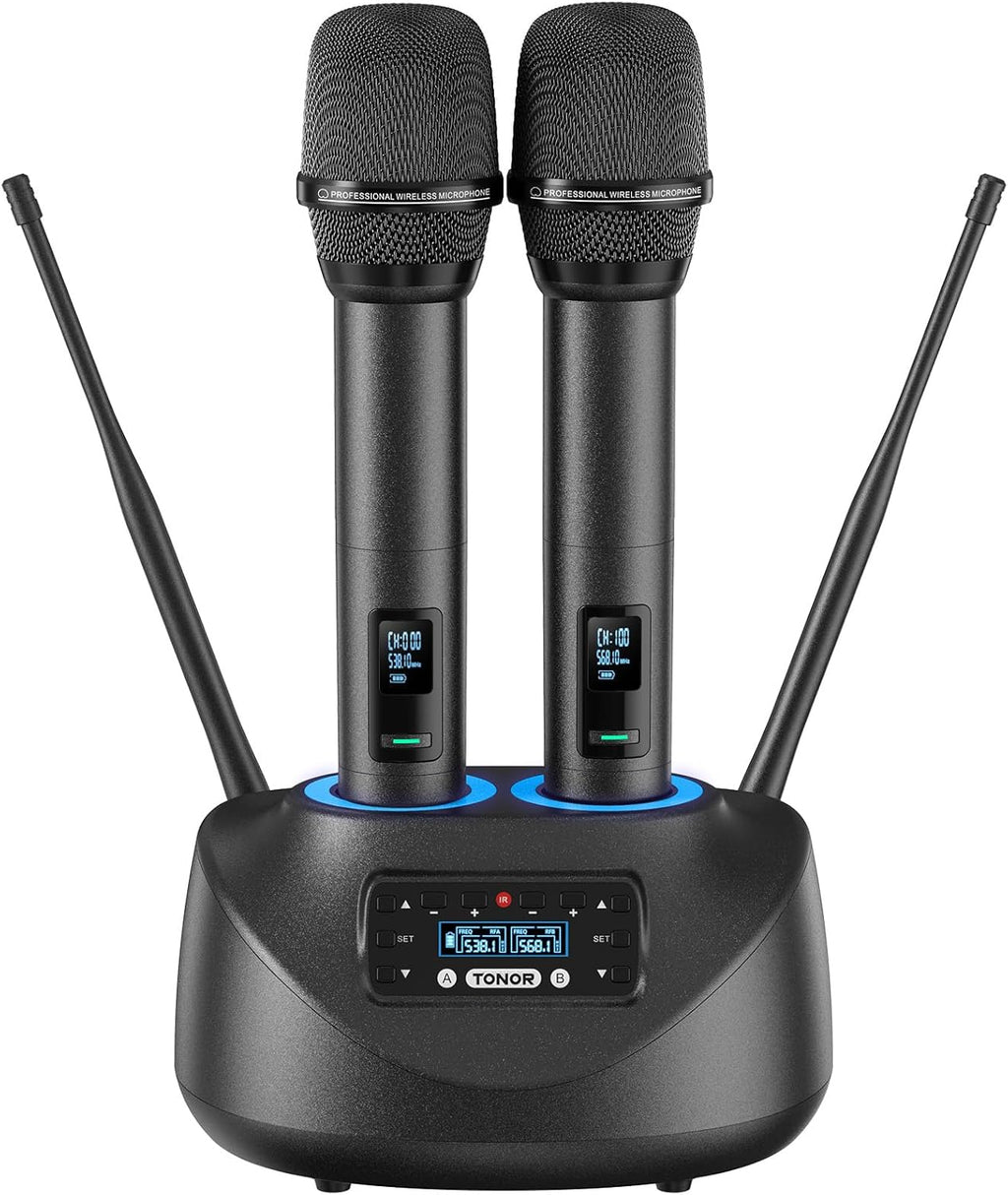TONOR Bluetooth Wireless Microphones, Rechargeable UHF Cordless Microphone System for Home Party, Metal Dual Handheld 260ft for Home Karaoke, Church, Party,TW-790, Black