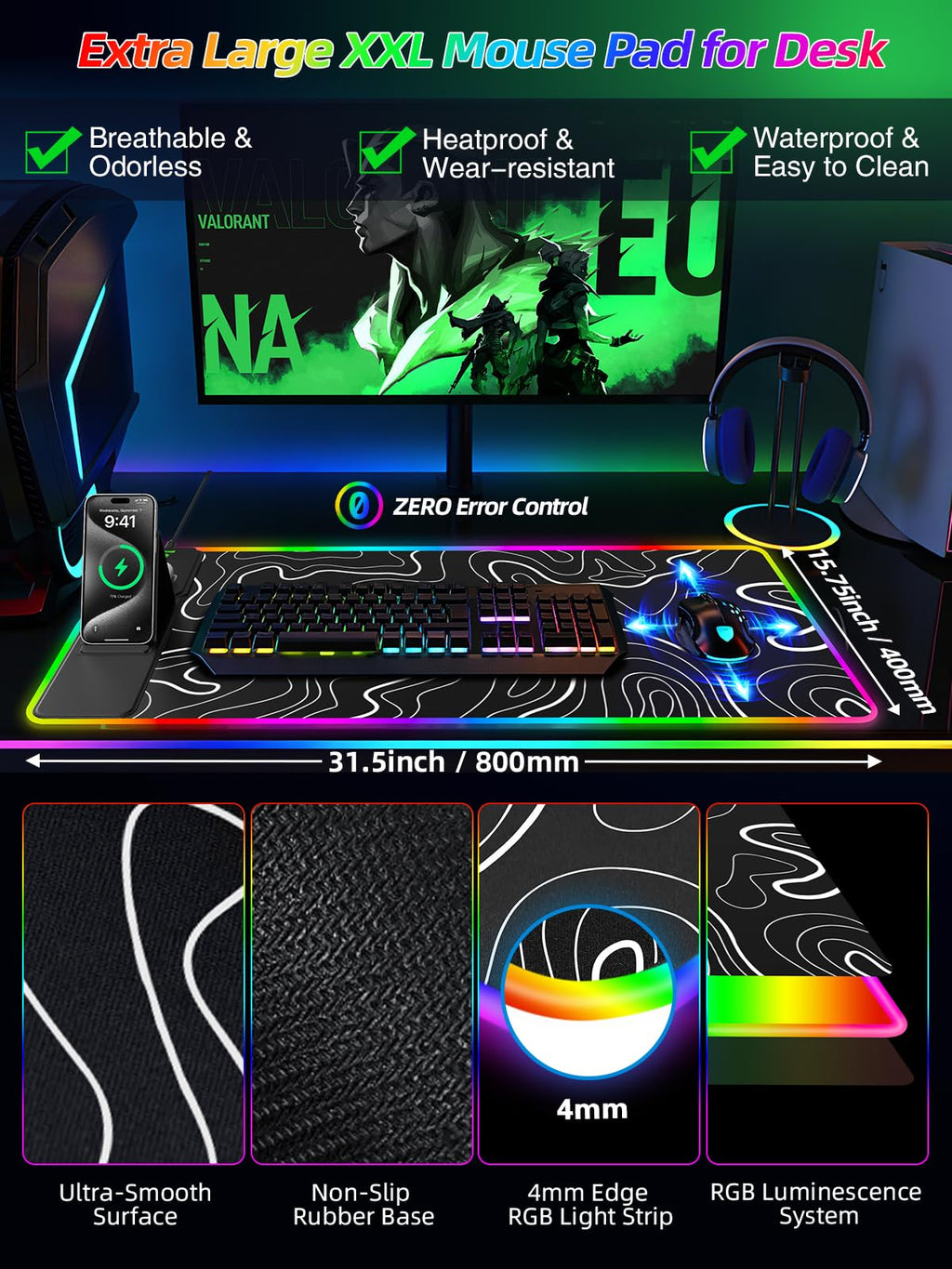 XXL Mouse Pad with Phone Holder - Black, RGB Desk Mat with 15W Fast Charging, LED Gaming Mousepad with 11 Light Colors, Waterproof Non-Slip Pad for Office & Home (Wave) - Flex Gamingproduct_type
