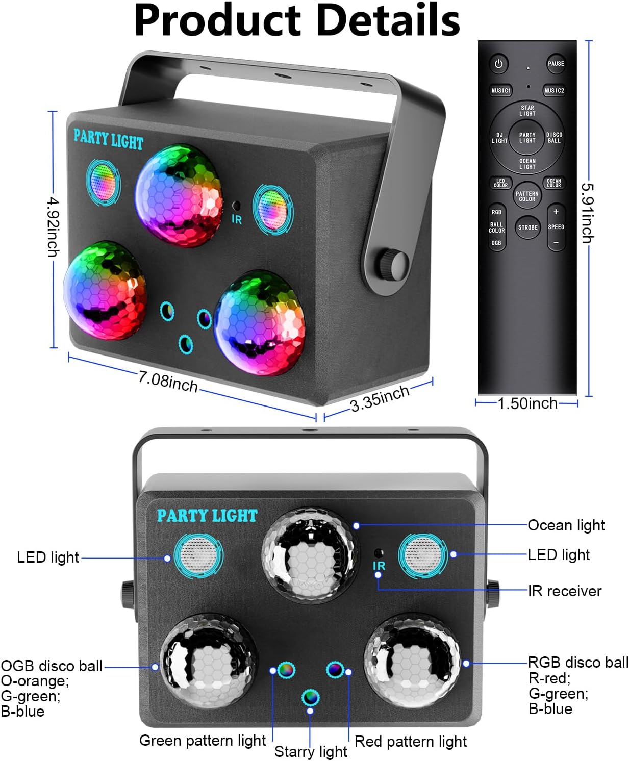 Party Lights,Disco DJ Strobe Light Rave Stage Projector Effect Dance Club Light Sound Activated with Remote Control for Parties Home Show KTV Pub Dance Christmas