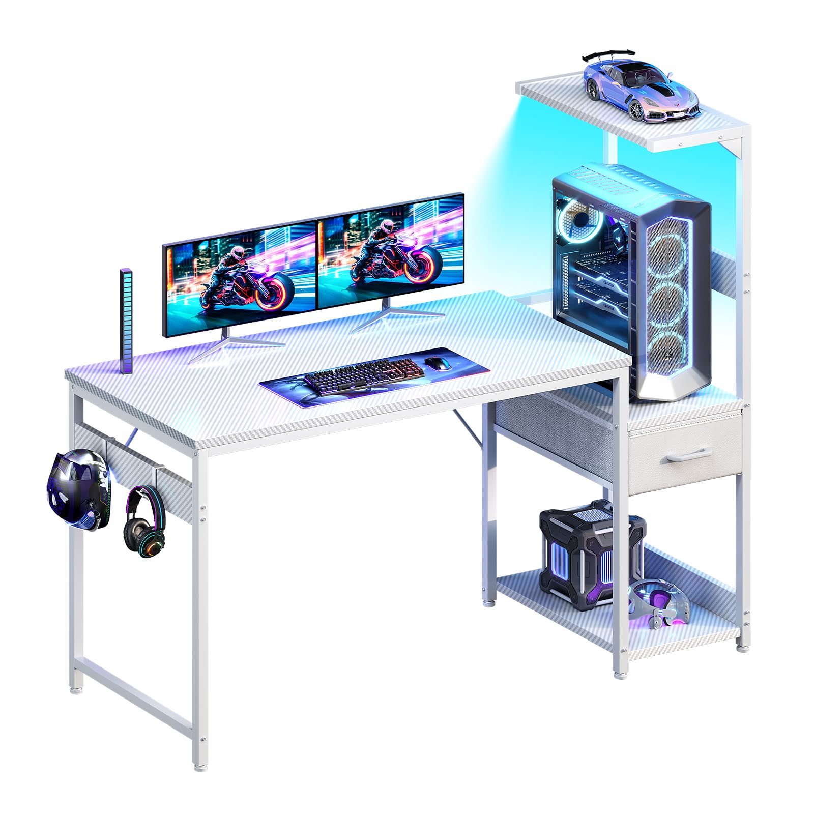 Casaottima 48'' Gaming Desk with LED Lights & CPU Stand, Reversible Computer Desk with Storage Shelves & Fabric Drawer, Modern PC Gamer Table with Headphone Hook, Carbon Fiber Black - Flex Gamingproduct_type