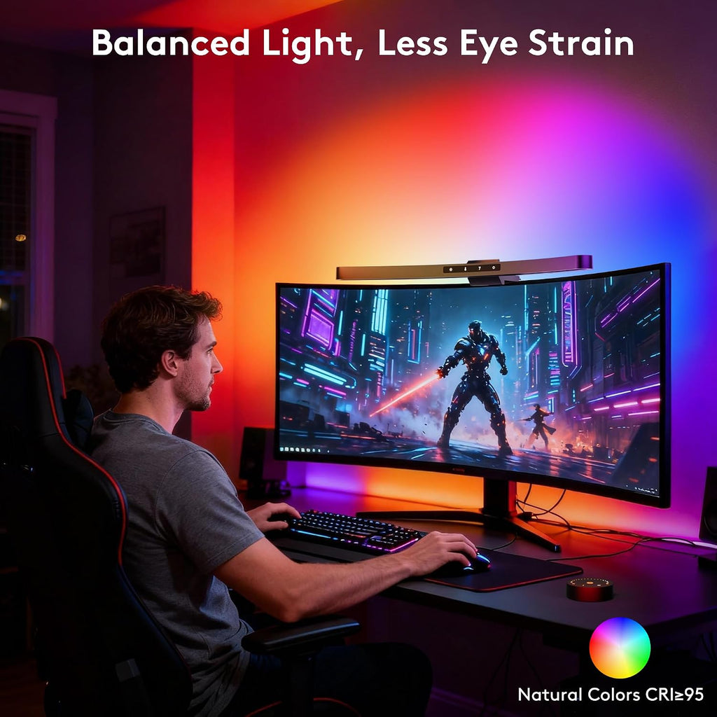 Quntis 17.7'' Curved Monitor Light Bar RGB Backlight with Music Sync, Black | Gaming & Home Office, Ra95 Eye-Care, 23 RGB Effects, Touch & Remote Control, 17–34" Curved & Flat Monitors, Webcam Compatible