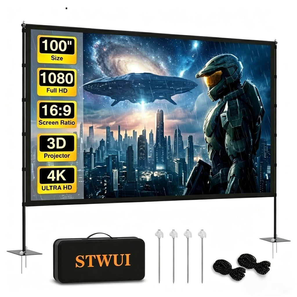 STWUI Outdoor-Projector-Screen-with-Stand - 120 inch Portable Projector Screen Indoor Outdoor Projector Screens 16:9 4K HD Lightweight Movie Screen with Carry Bag for Backyard Movie Night - Flex Gamingproduct_type