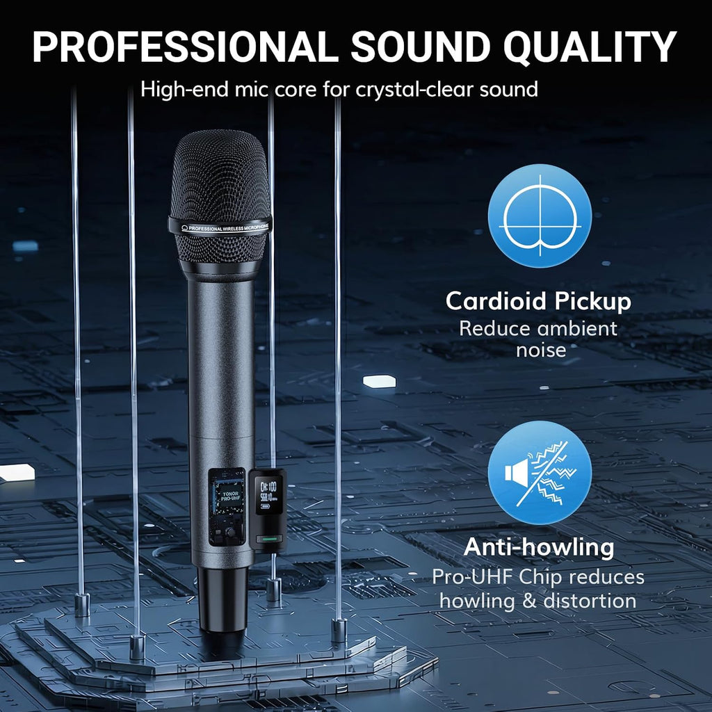 TONOR Bluetooth Wireless Microphones, Rechargeable UHF Cordless Microphone System for Home Party, Metal Dual Handheld 260ft for Home Karaoke, Church, Party,TW-790, Black