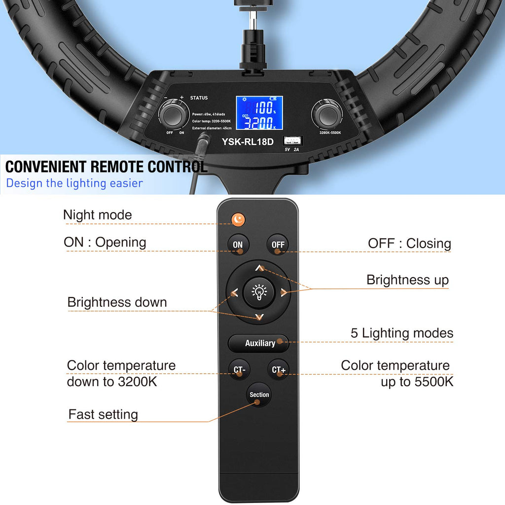 Yesker Ring Light with Tripod Stand and Phone Holder 18 Inch RGB Ringlight 25 RGB Modes Bi-Color Adjustable 2700–7000K LED Selfie Halo Light Kit for Live Stream Photography Zoom Makeup Youtobe Tiktok