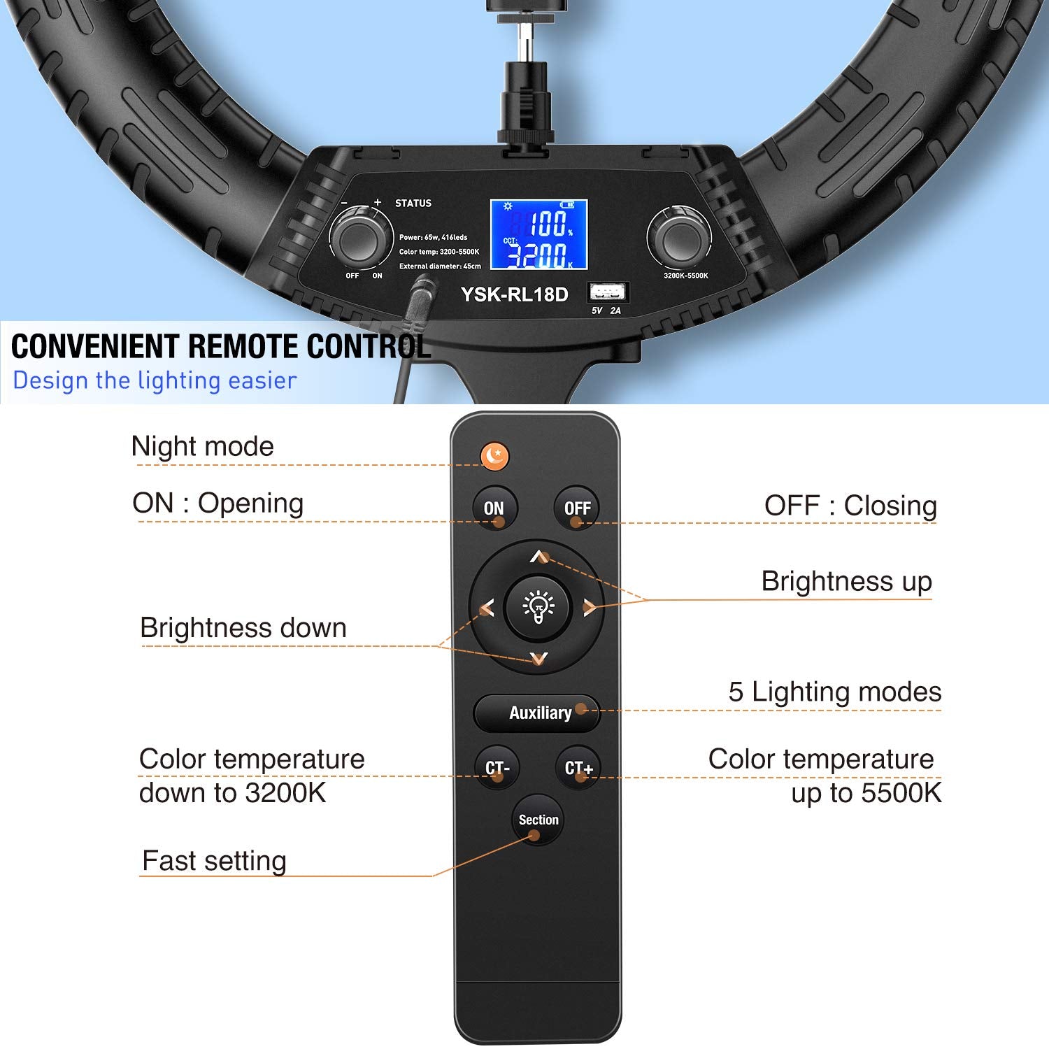 Yesker Ring Light with Tripod Stand and Phone Holder 18 Inch RGB Ringlight 25 RGB Modes Bi-Color Adjustable 2700–7000K LED Selfie Halo Light Kit for Live Stream Photography Zoom Makeup Youtobe Tiktok