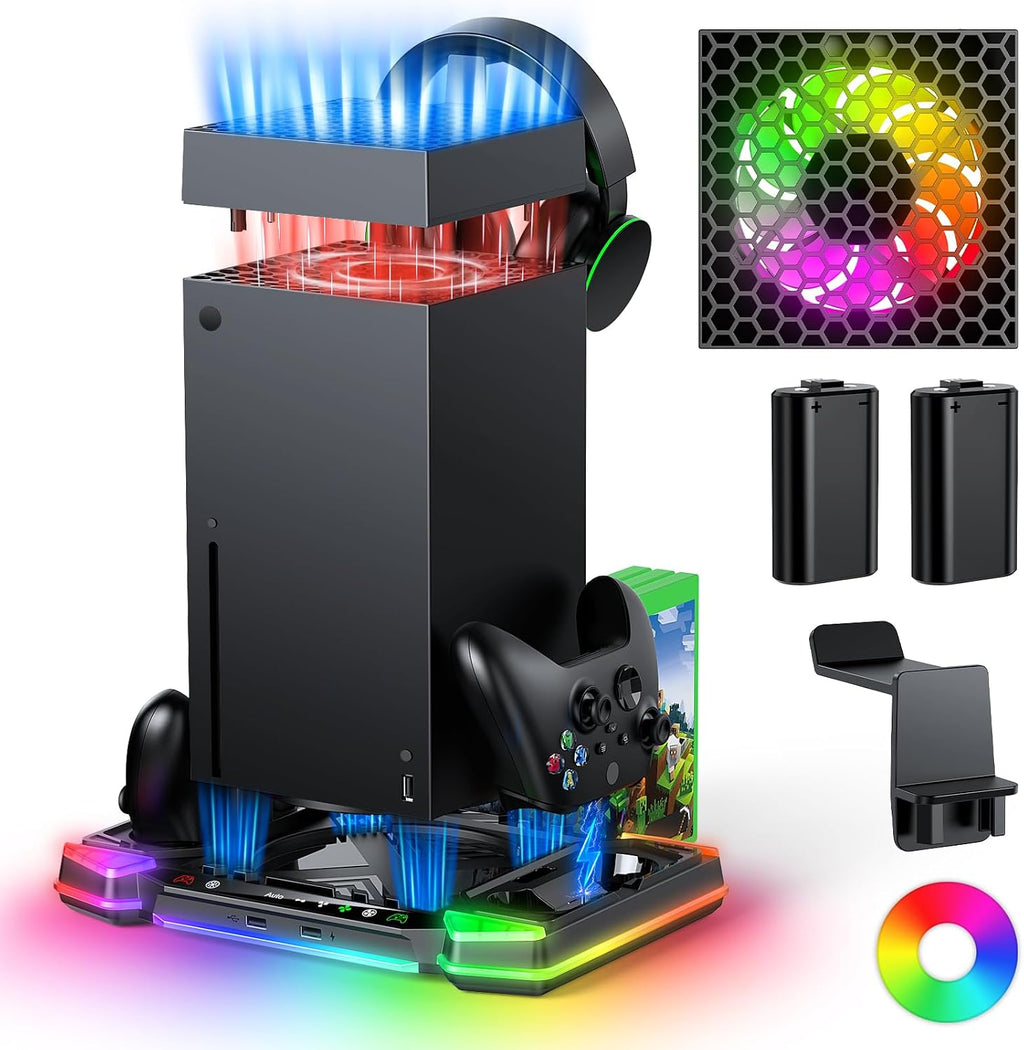 Top Auto Cooling Fan & Charge Stand for Xbox Series X Console with 11 Light Modes, Accessories Controller Wireless Charger Dock, 2*1400mAh Rechargeable Batteries, Headset Stand & Game Disc Storage - Flex Gamingproduct_type