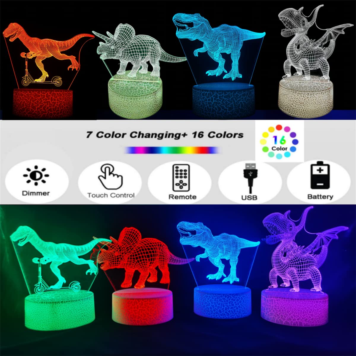 3D Illusion Night Light with Swappable Acrylic Panels – 6 Designs