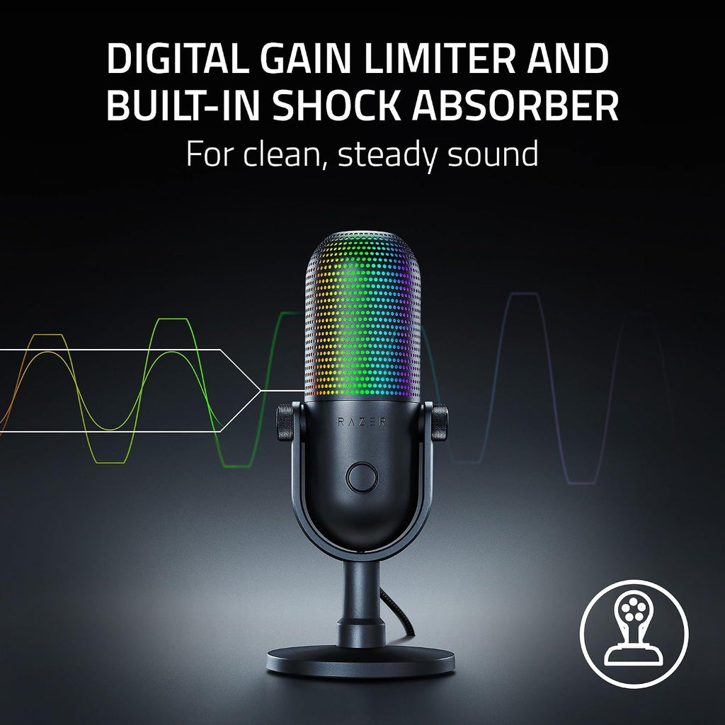 Razer Seiren V3 Chroma RGB, Stream & Game Reactive, USB Microphone, Black | Tap-to-Mute Sensor, Condenser Mic, Digital Gain Limiter & Shock Absorber, Works with OBS, Discord, Zoom, Teams