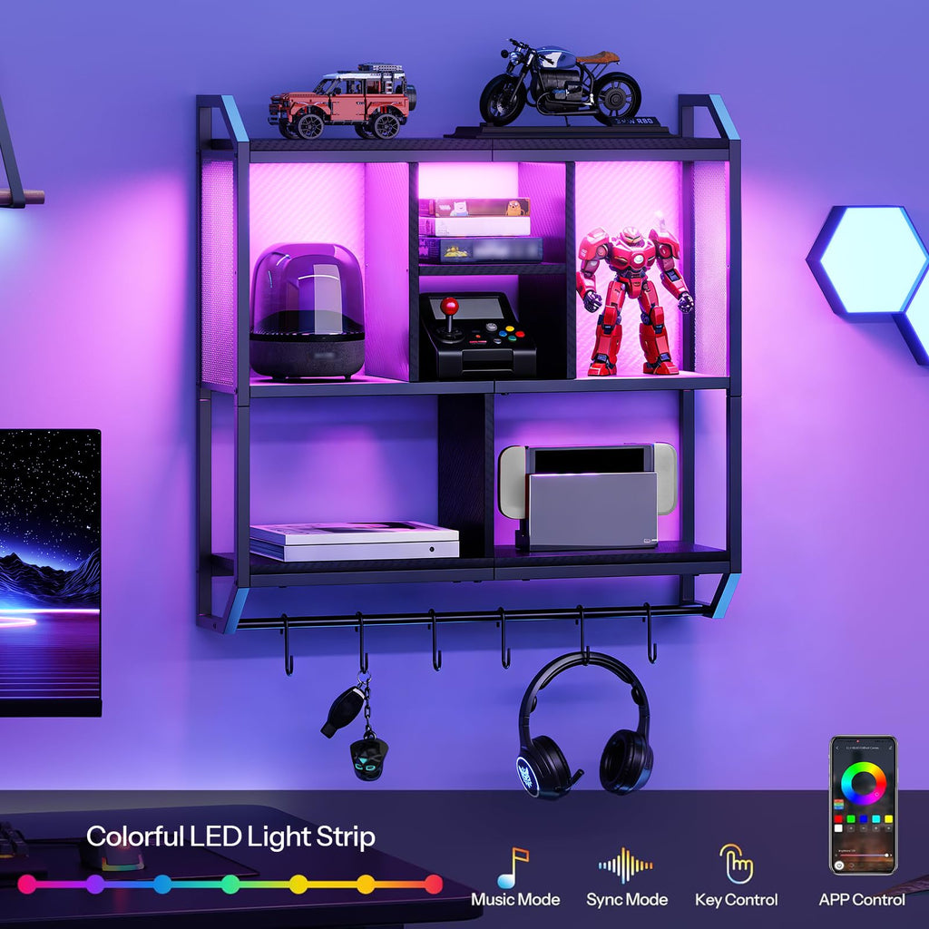 HOOBRO Gaming Floating Shelves with LED Lights, 28.7" LED Wall Mounted Shelf, 3-Tier Display Rack for Wall Storage, Floating Rack with Hanging Rod and 6 S-Hooks, for Gaming Room, Black BB70DBJ01 - Flex Gamingproduct_type