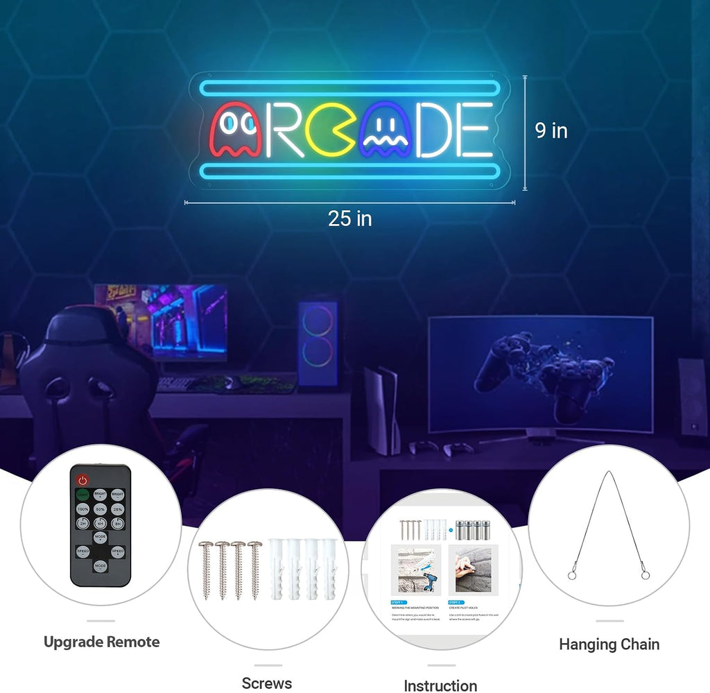 Custom Arcade Neon Sign, Ugrade Retro Game Ghost LED Neon Light Sign, Handmade Aesthetic Night Lamp for Game Room, Business Recreation Bedroom Birthday Gift (Arcade)