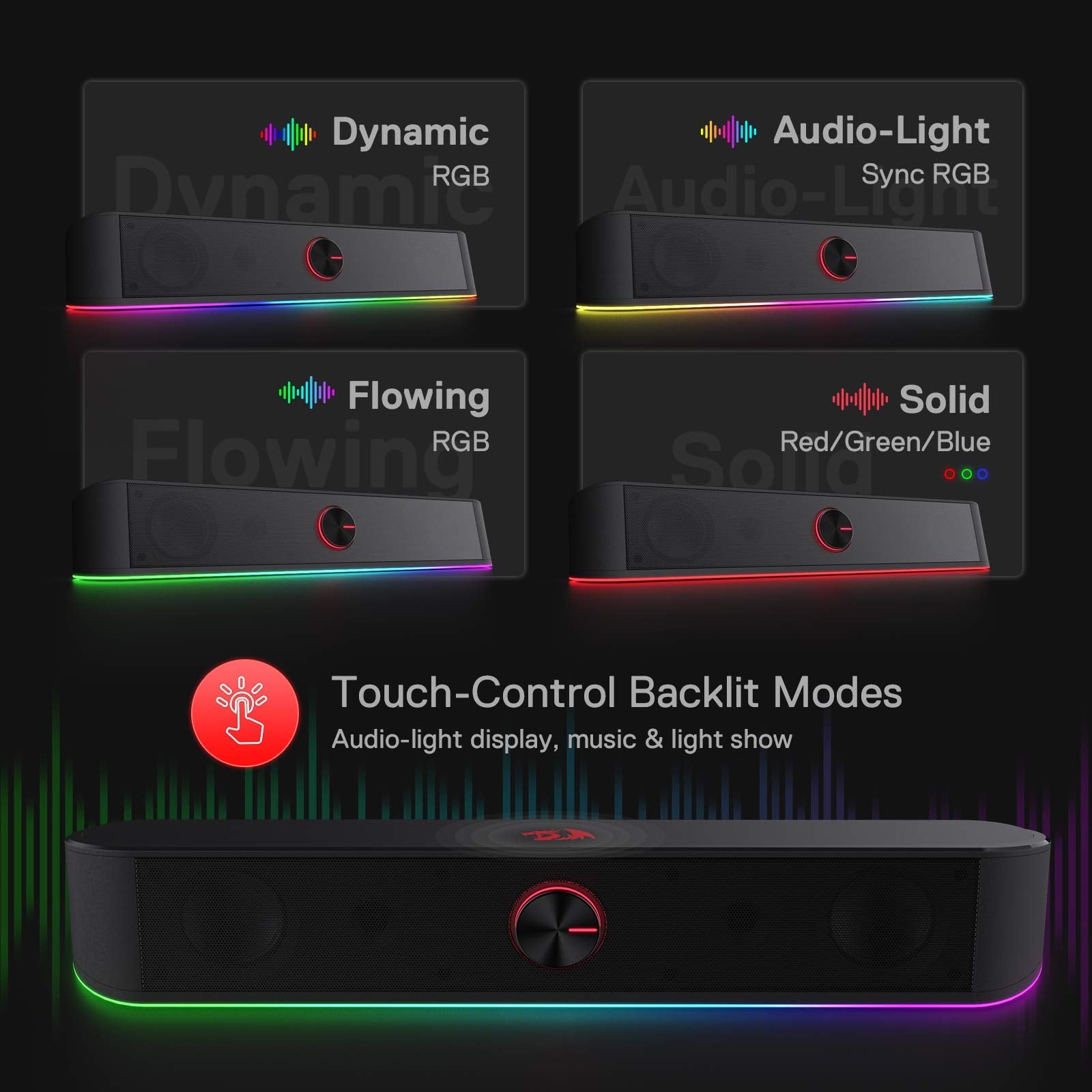 Redragon GS560 RGB Desktop Soundbar, 2.0 Channel Computer Speaker with Dynamic Lighting Bar Audio-Light Sync/Display, Touch-Control Backlit with Volume Knob, USB Powered w/ 3.5mm Cable, Black - Flex Gamingproduct_type