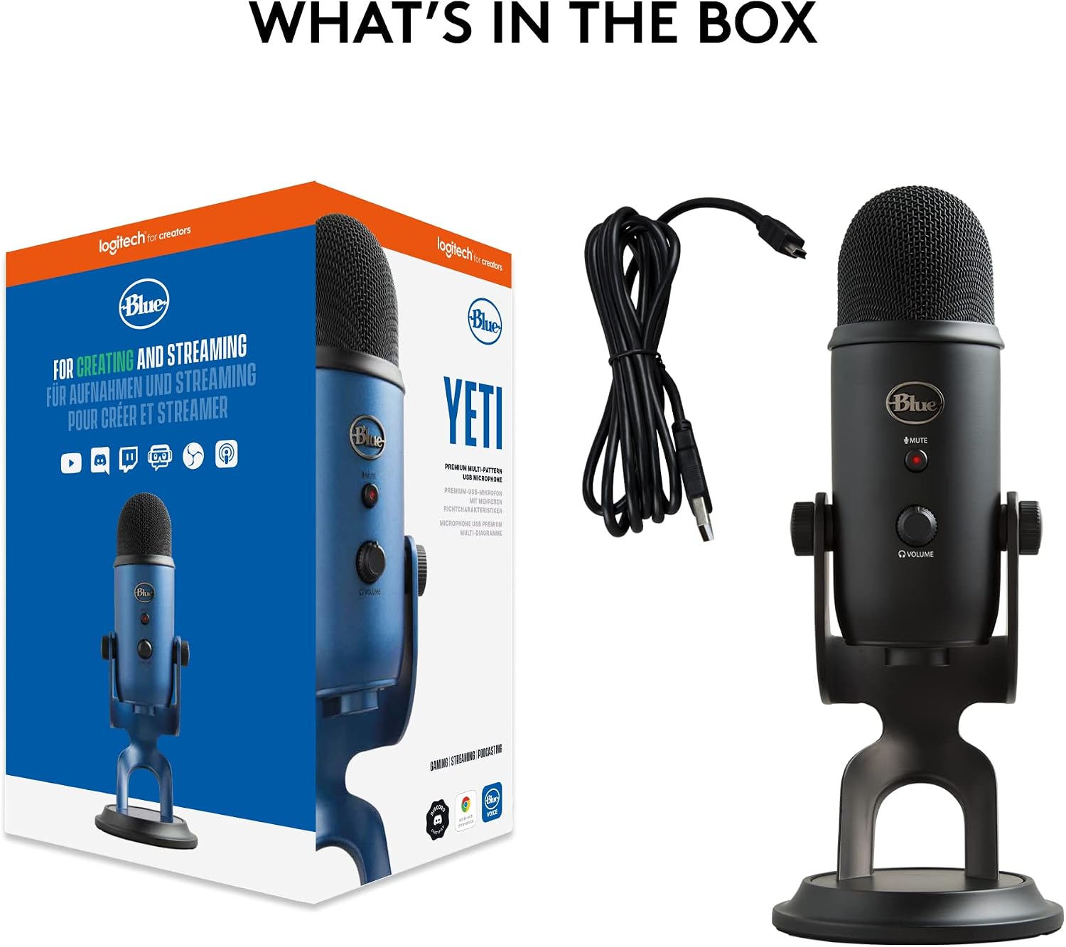 Logitech Creators Blue Yeti USB Microphone for PC, Mac, Gaming, Recording, Streaming, Podcasting, Studio and Computer Condenser Mic with Blue VO!CE effects, 4 Pickup Patterns, Plug and Play - Blackout | VO!CE effects, 4 pickup patterns, plug-and-play oper