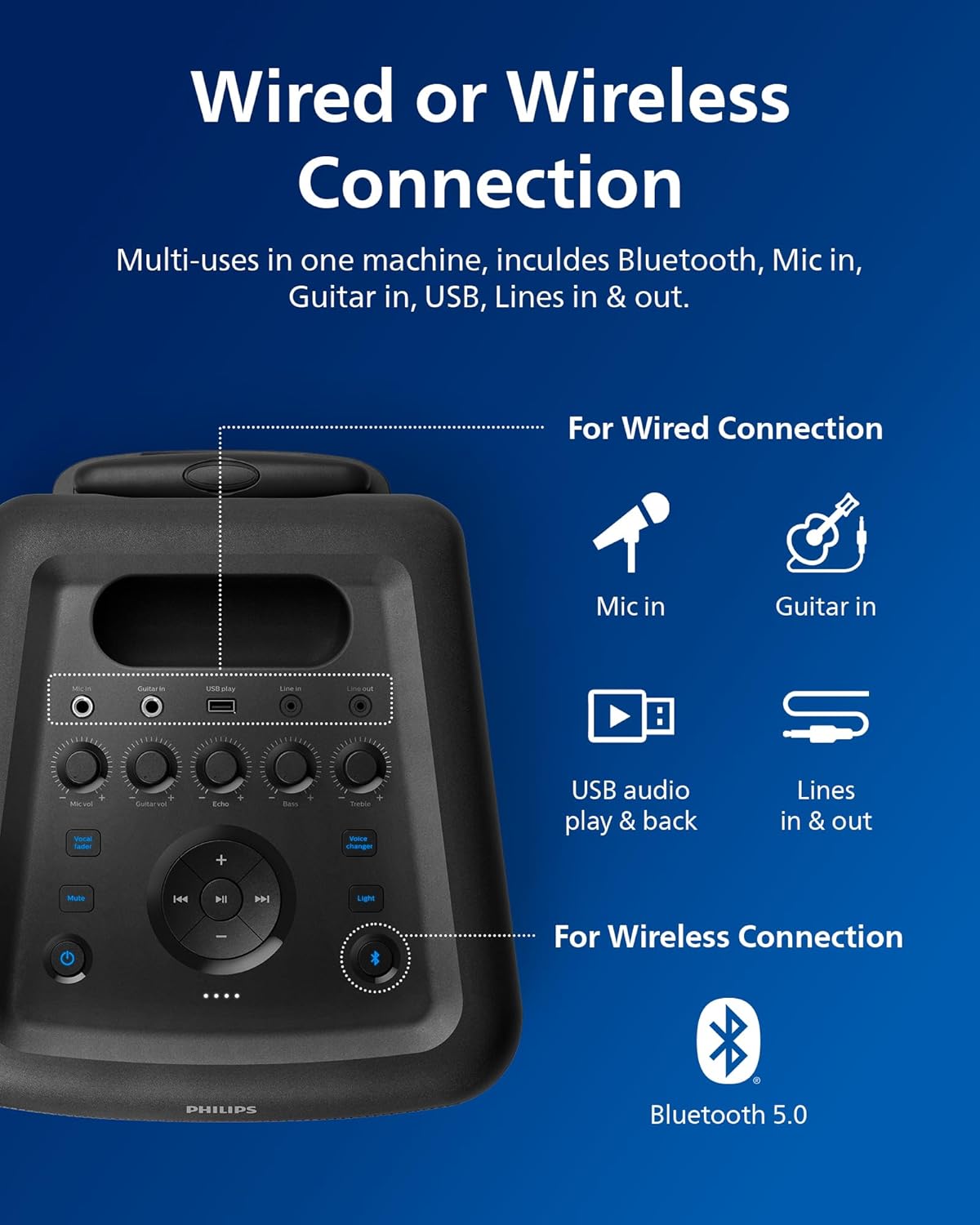 Philips X5206 Bluetooth Party Speaker - 14 Hours Play Time, Deep Bass, Party Lights, Karaoke Effects, Mic & Guitar Input, 80W Max Power, Black