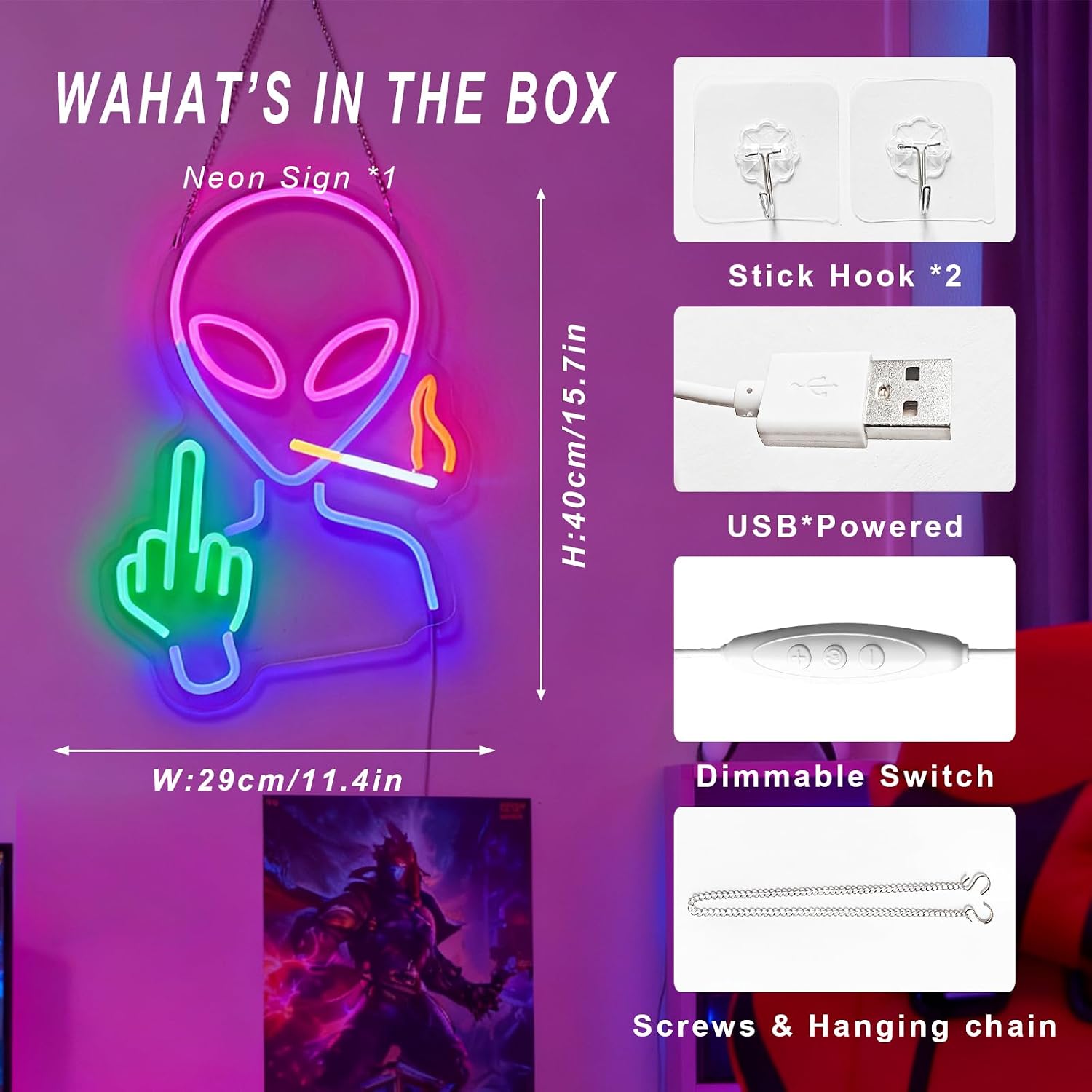 Alien Neon Sign for Wall Decor - Dimmable LED Light | 6.5ft USB Powered Edgy Decor with Hanging Chain - Perfect for Gaming Room, Man Cave & Rebel Decorations, 15.7" x 11.4"