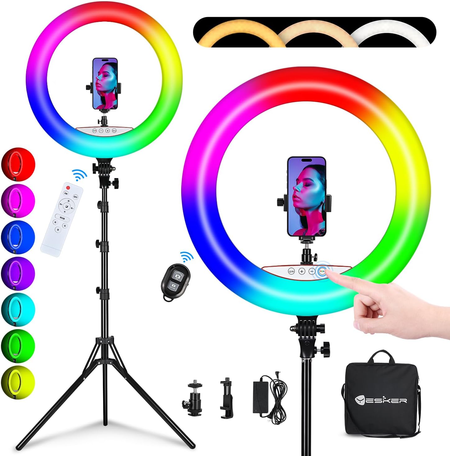 Yesker Ring Light with Tripod Stand and Phone Holder 18 Inch RGB Ringlight 25 RGB Modes Bi-Color Adjustable 2700–7000K LED Selfie Halo Light Kit for Live Stream Photography Zoom Makeup Youtobe Tiktok