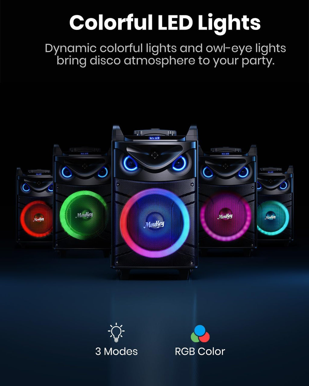 Moukey Karaoke Machine, 12" Woofer PA System, Portable Bluetooth Speaker with 2 Wireless Microphones, Party Lights and Echo/Treble/Bass Adjustment, Supports TWS/REC/AUX IN/MP3/USB/TF/FM - MTs12-1