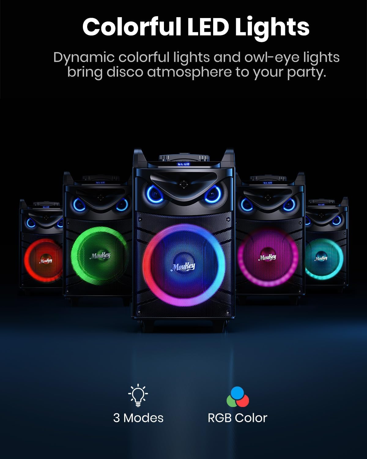 Moukey Karaoke Machine, 12" Woofer PA System, Portable Bluetooth Speaker with 2 Wireless Microphones, Party Lights and Echo/Treble/Bass Adjustment, Supports TWS/REC/AUX IN/MP3/USB/TF/FM - MTs12-1