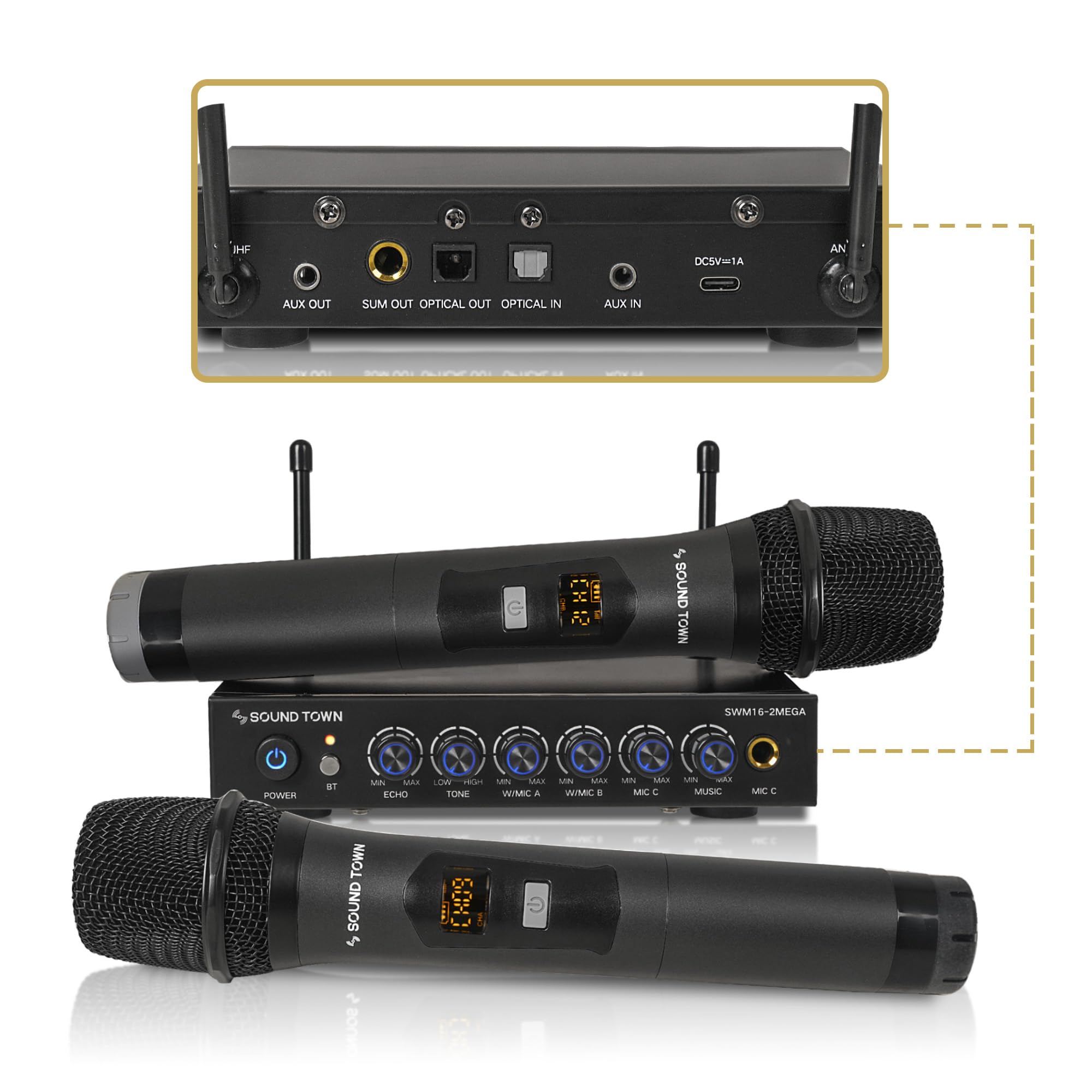 Sound Town Wireless Microphone Karaoke Mixer System with HD Audio Return Channel, Optical (Toslink), AUX, Supports Smart TV, Media Box, PC, Bluetooth, Soundbar, Receiver (SWM16-MAX) - Flex Gamingproduct_type