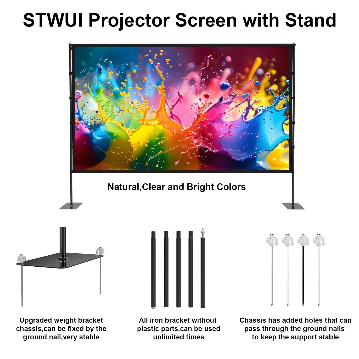 STWUI Outdoor-Projector-Screen-with-Stand - 120 inch Portable Projector Screen Indoor Outdoor Projector Screens 16:9 4K HD Lightweight Movie Screen with Carry Bag for Backyard Movie Night - Flex Gamingproduct_type
