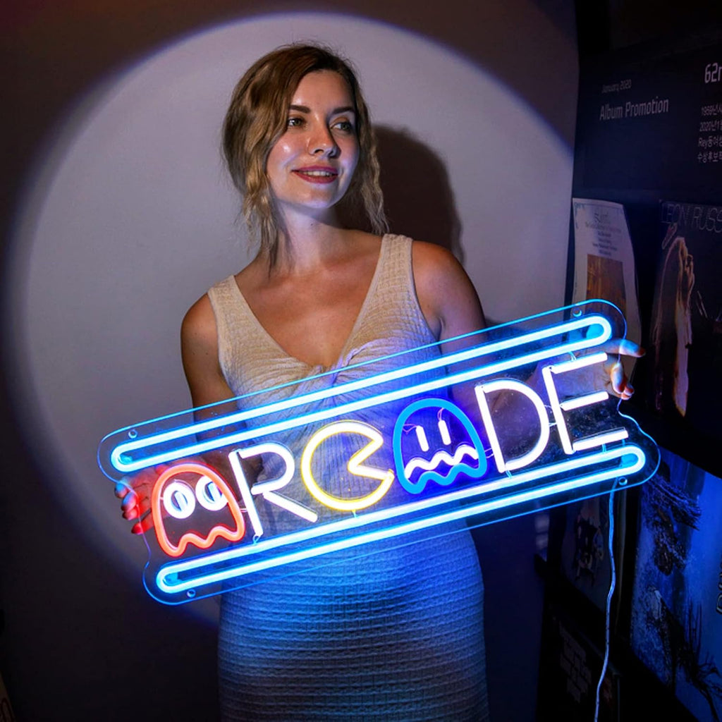 Custom Arcade Neon Sign, Ugrade Retro Game Ghost LED Neon Light Sign, Handmade Aesthetic Night Lamp for Game Room, Business Recreation Bedroom Birthday Gift (Arcade)