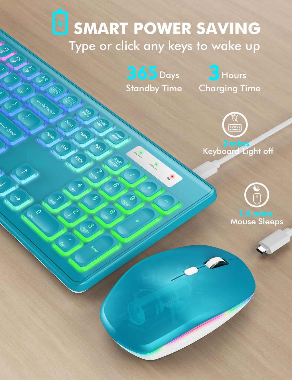 Wireless Keyboard and Mouse Combo, RGB Backlit, Rechargeable & Light Up Letters, Full-Size, Soft Typing, Sleep Mode, 2.4GHz Quiet Keyboard Set for Mac, Windows, Laptop, PC, Trueque KM42Pro (Black) - Flex Gamingproduct_type