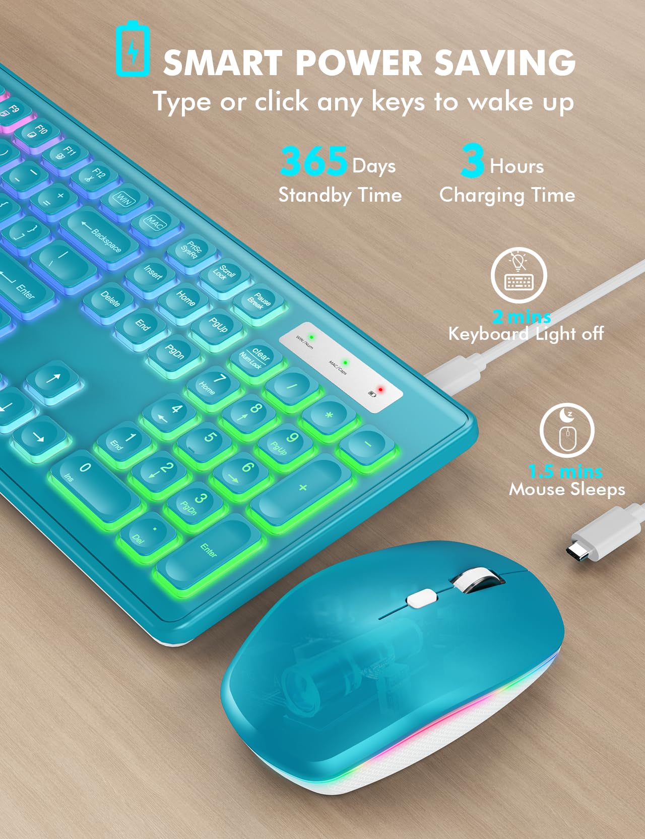 Wireless Keyboard and Mouse Combo, RGB Backlit, Rechargeable & Light Up Letters, Full-Size, Soft Typing, Sleep Mode, 2.4GHz Quiet Keyboard Set for Mac, Windows, Laptop, PC, Trueque KM42Pro (Black) - Flex Gamingproduct_type