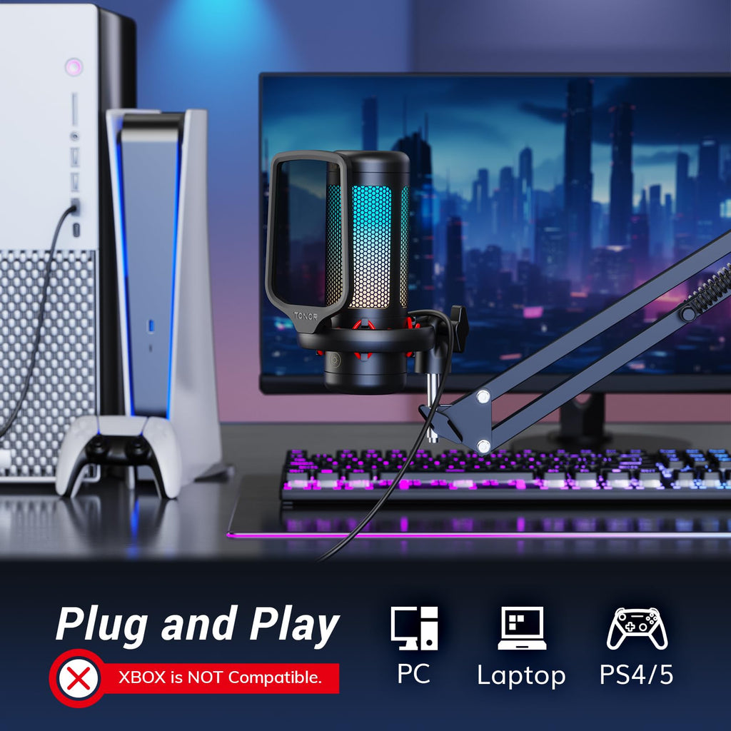 TONOR Gaming Microphone Set with Boom Arm, Vocal Condenser Microphone for PC with Stand, USB Mic with controllable RGB Light, One Tap Mute, Volume Control, for Discord, Twitch Streaming, TC310+ - Flex Gamingproduct_type