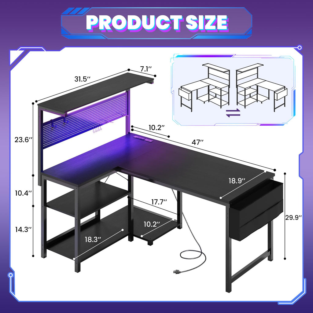 Apicizon L Shaped Desk Gaming Desk with LED Light & Power Outlet, 47 Inch Reversible Computer Desk with Pegboard & Shelf & Storage Bag for Home Office, Black - Flex Gamingproduct_type