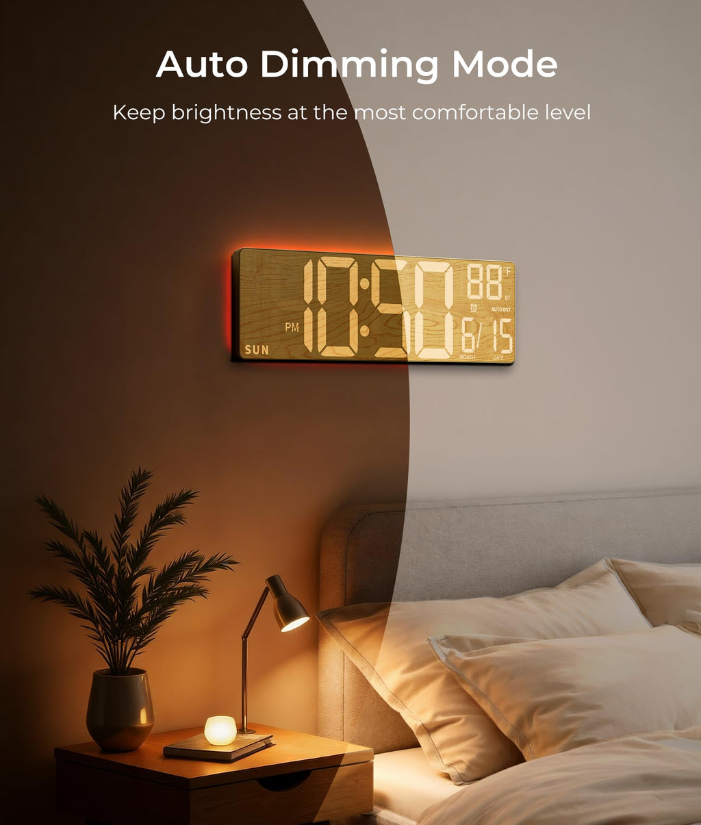 EASYERA 16.5" Large Digital Wall Clock with BT Sync, RGB Lights with 11 Scenes Mode Remote Control, Dual Alarms with Big LED Display, Auto DST, Temperature for Classroom Gaming - Flex Gamingproduct_type