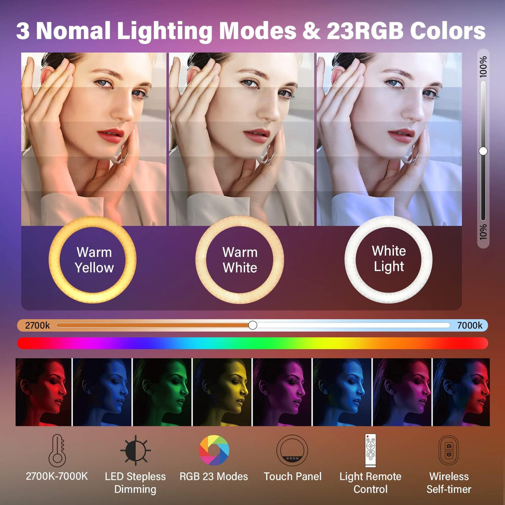 Yesker Ring Light with Tripod Stand and Phone Holder 18 Inch RGB Ringlight 25 RGB Modes Bi-Color Adjustable 2700–7000K LED Selfie Halo Light Kit for Live Stream Photography Zoom Makeup Youtobe Tiktok