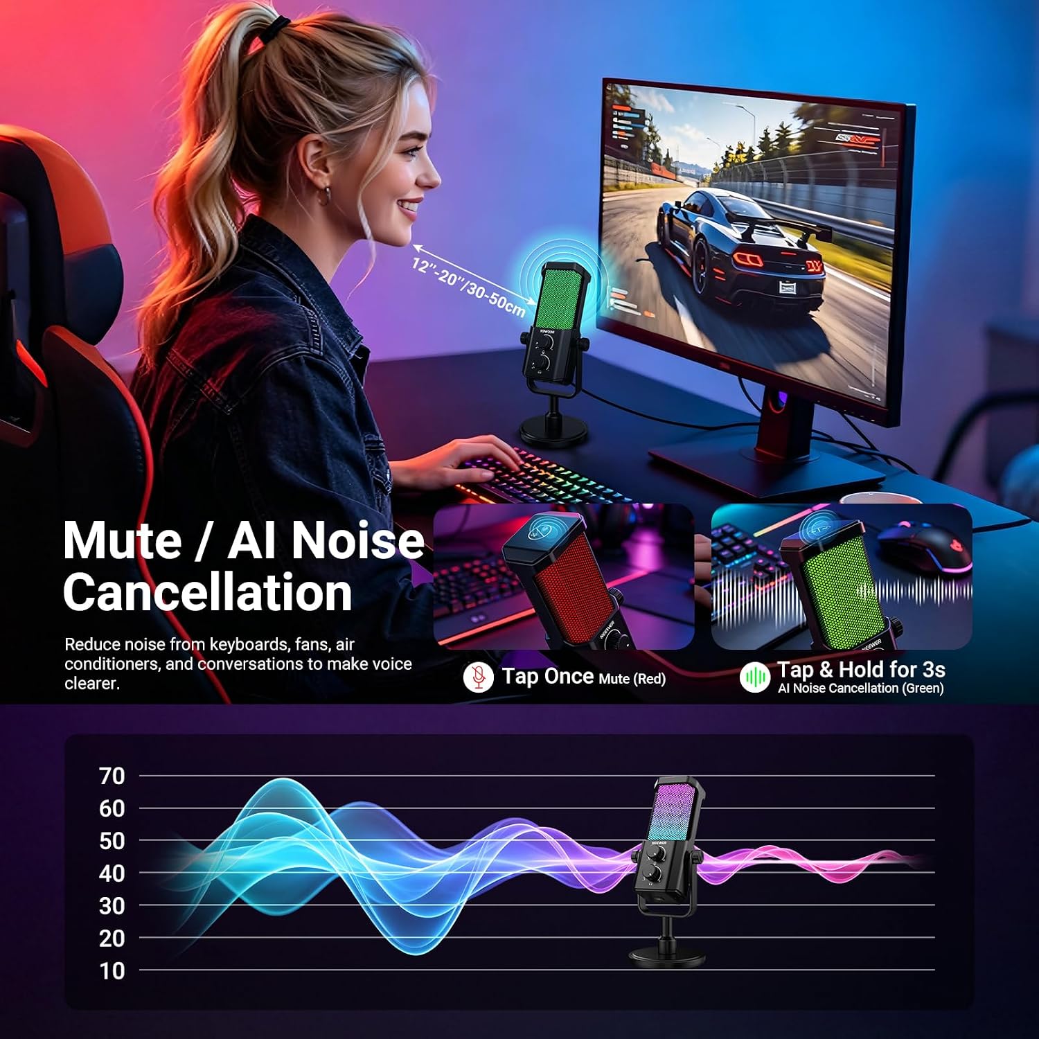NEEWER UM01 AI Noise Canceling USB Microphone, Plug & Play Cardioid RGB Condenser Mic Mute/Music Sync/App Control for Android Windows PC Mac PS4/5 Gaming Recording Streaming Podcasting Studio Computer - Flex Gamingproduct_type