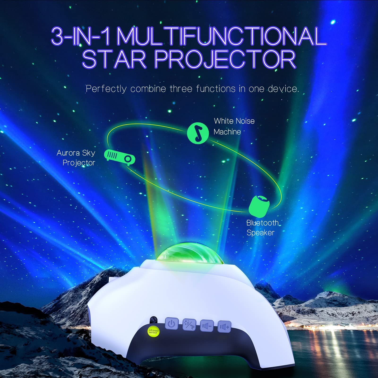 Northern Galaxy Light Aurora Projector with 33 Light Effects, Night Lights LED Star Projector for Bedroom Nebula Lamp, Remote Control, White Noises, Bluetooth Speaker for Parties Black - Flex Gamingproduct_type