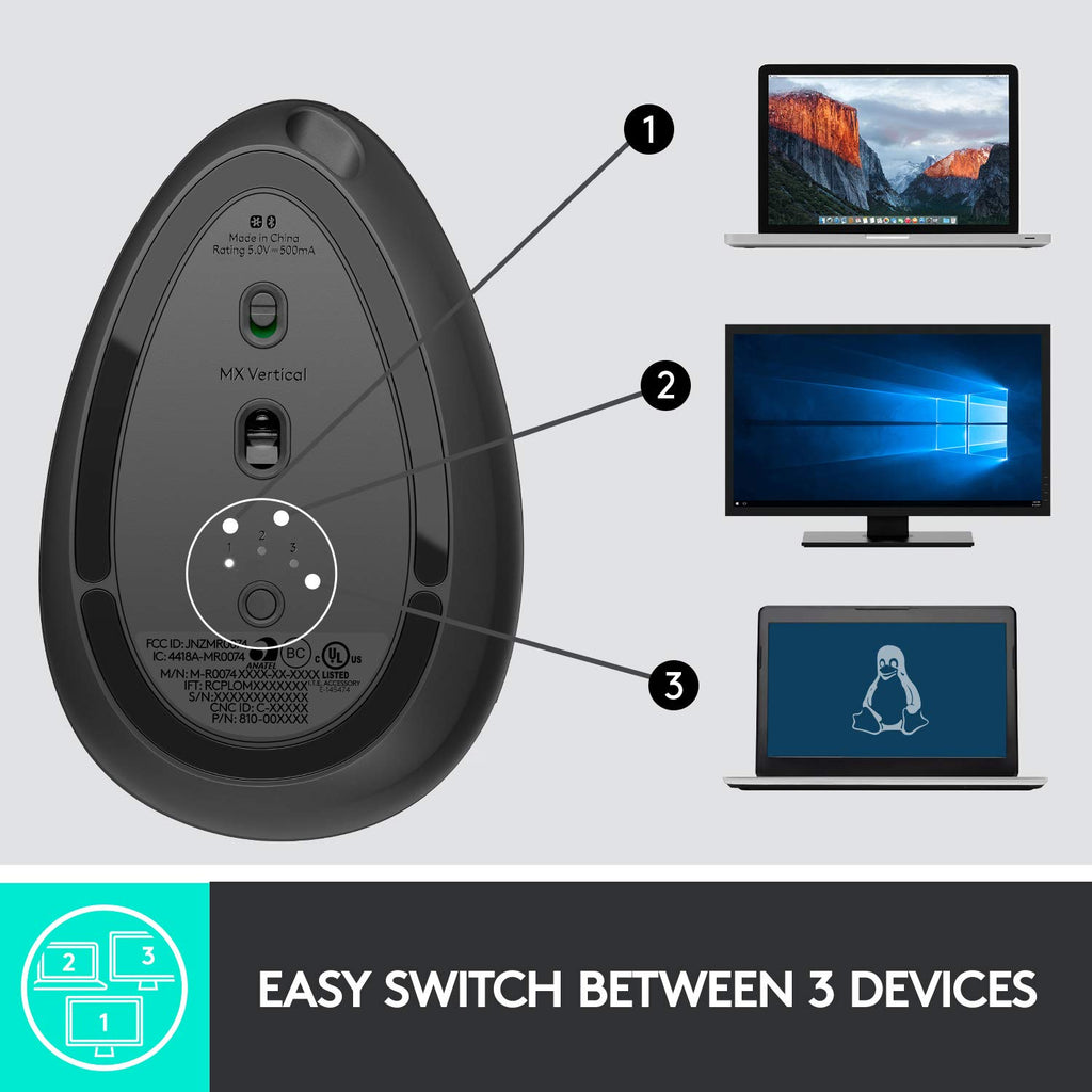 Logitech MX Vertical Wireless Mouse – Ergonomic Design Reduces Muscle Strain, Move Content Between 3 Windows and Apple Computers, Rechargeable, Graphite - Flex Gamingproduct_type