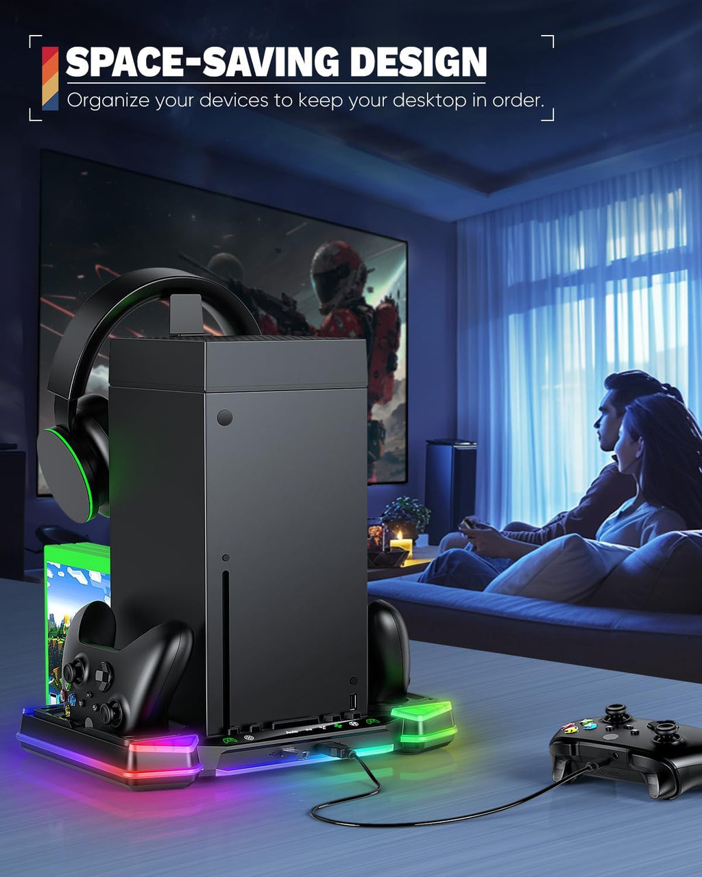 Top Auto Cooling Fan & Charge Stand for Xbox Series X Console with 11 Light Modes, Accessories Controller Wireless Charger Dock, 2*1400mAh Rechargeable Batteries, Headset Stand & Game Disc Storage - Flex Gamingproduct_type
