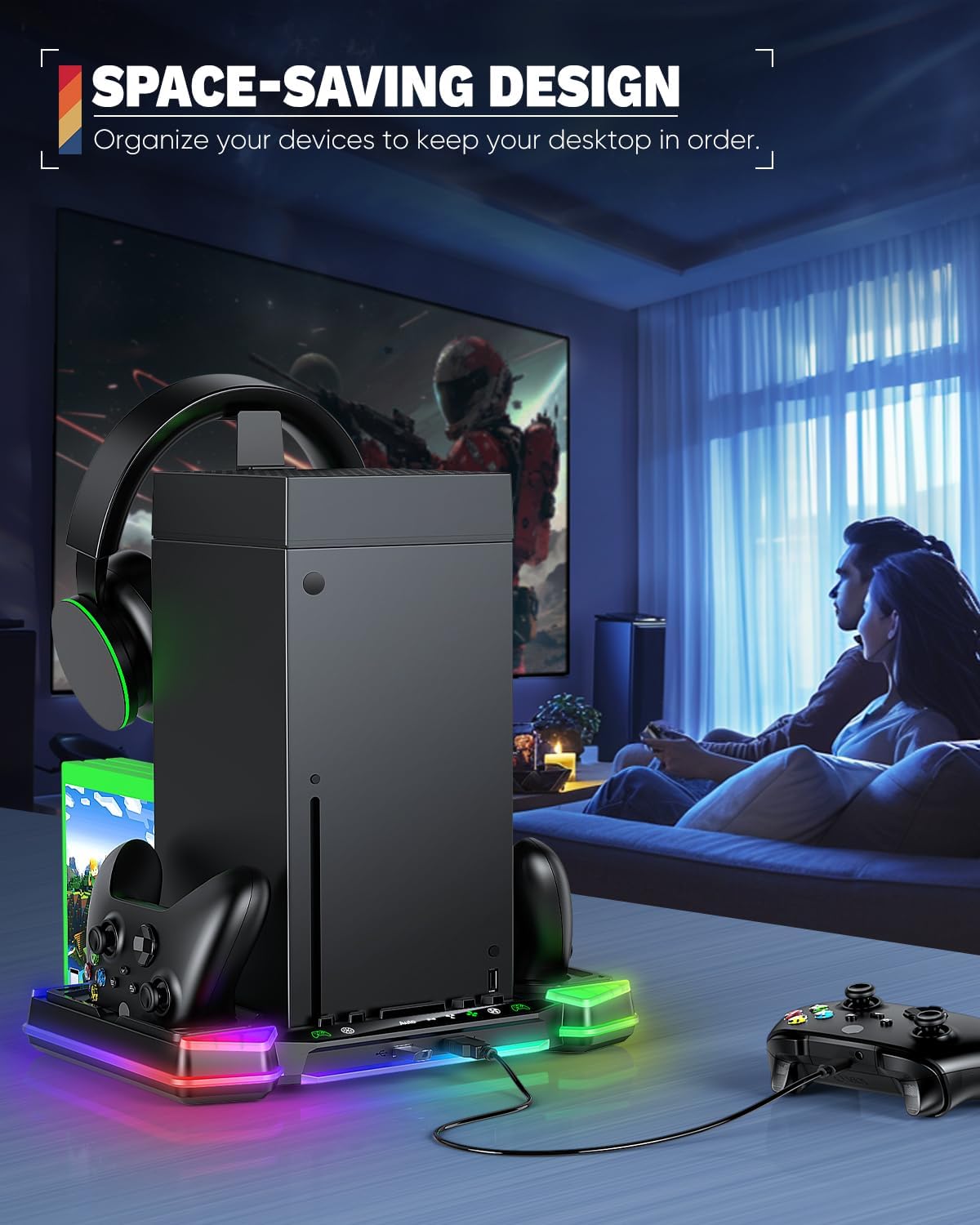 Top Auto Cooling Fan & Charge Stand for Xbox Series X Console with 11 Light Modes, Accessories Controller Wireless Charger Dock, 2*1400mAh Rechargeable Batteries, Headset Stand & Game Disc Storage - Flex Gamingproduct_type
