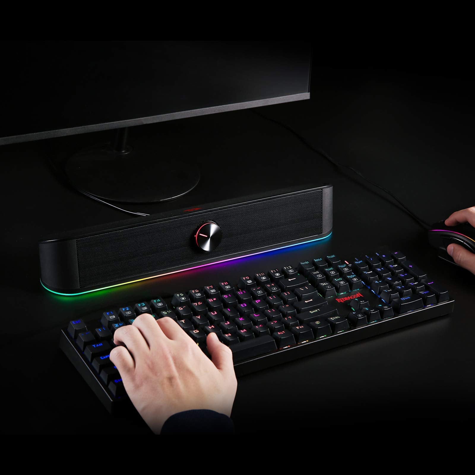 Redragon GS560 RGB Desktop Soundbar, 2.0 Channel Computer Speaker with Dynamic Lighting Bar Audio-Light Sync/Display, Touch-Control Backlit with Volume Knob, USB Powered w/ 3.5mm Cable, Black - Flex Gamingproduct_type
