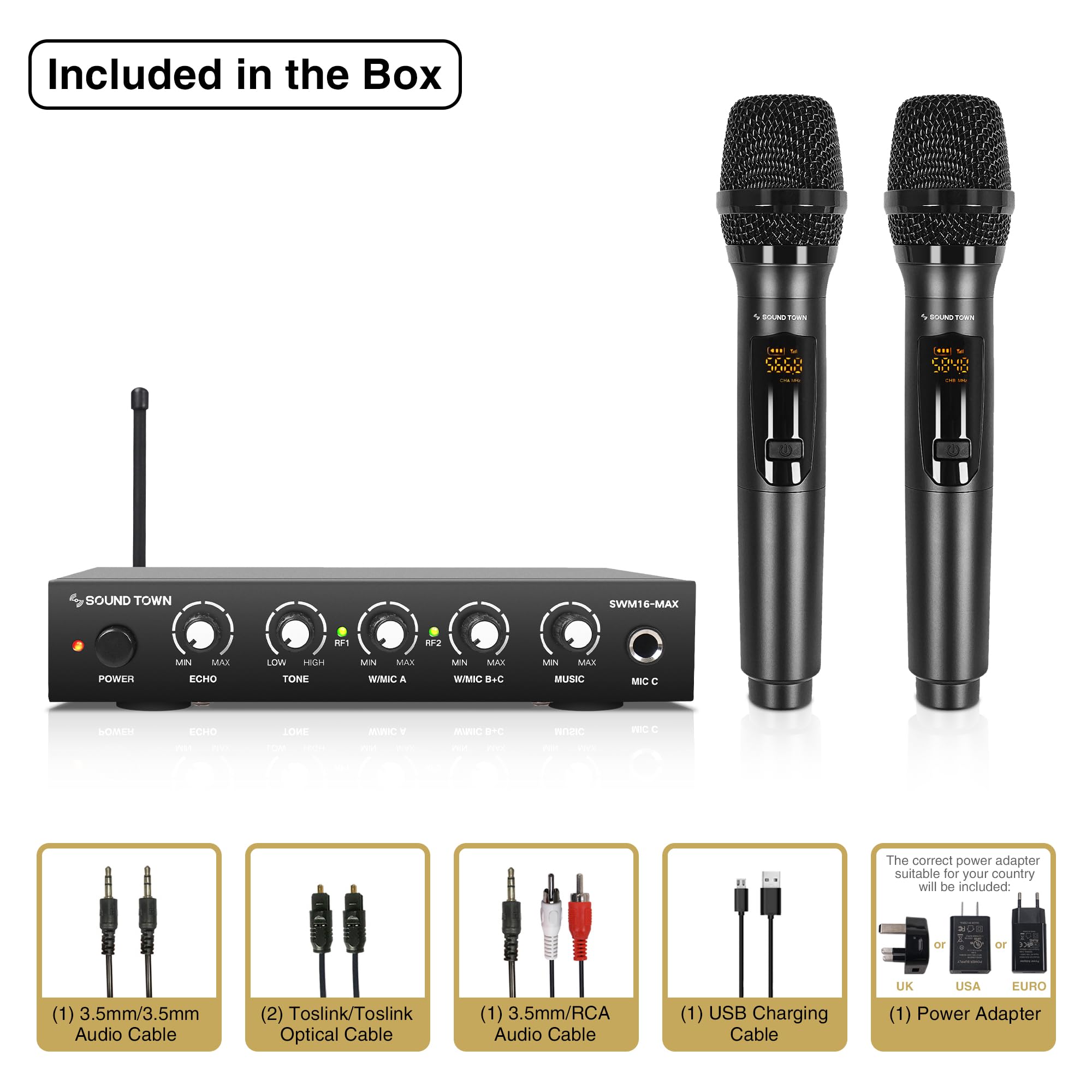 Sound Town Wireless Microphone Karaoke Mixer System with HD Audio Return Channel, Optical (Toslink), AUX, Supports Smart TV, Media Box, PC, Bluetooth, Soundbar, Receiver (SWM16-MAX) - Flex Gamingproduct_type