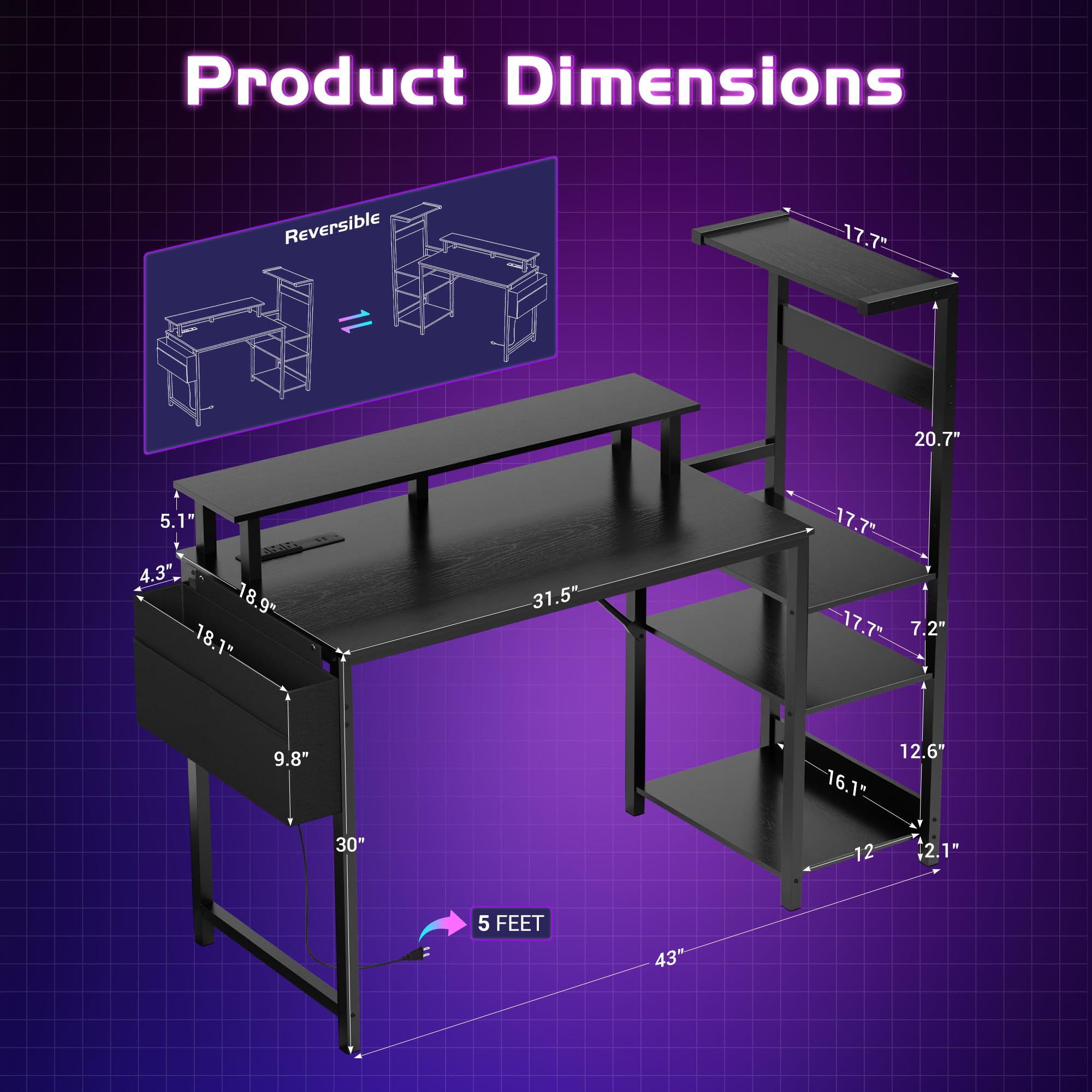 Apicizon 43 Inch Gaming Desk with LED Setup Style, Computer Desk with Storage Shelves & Monitor Stand, Reversible Workstation for Small Space, Home Office Desk Black - Flex Gamingproduct_type